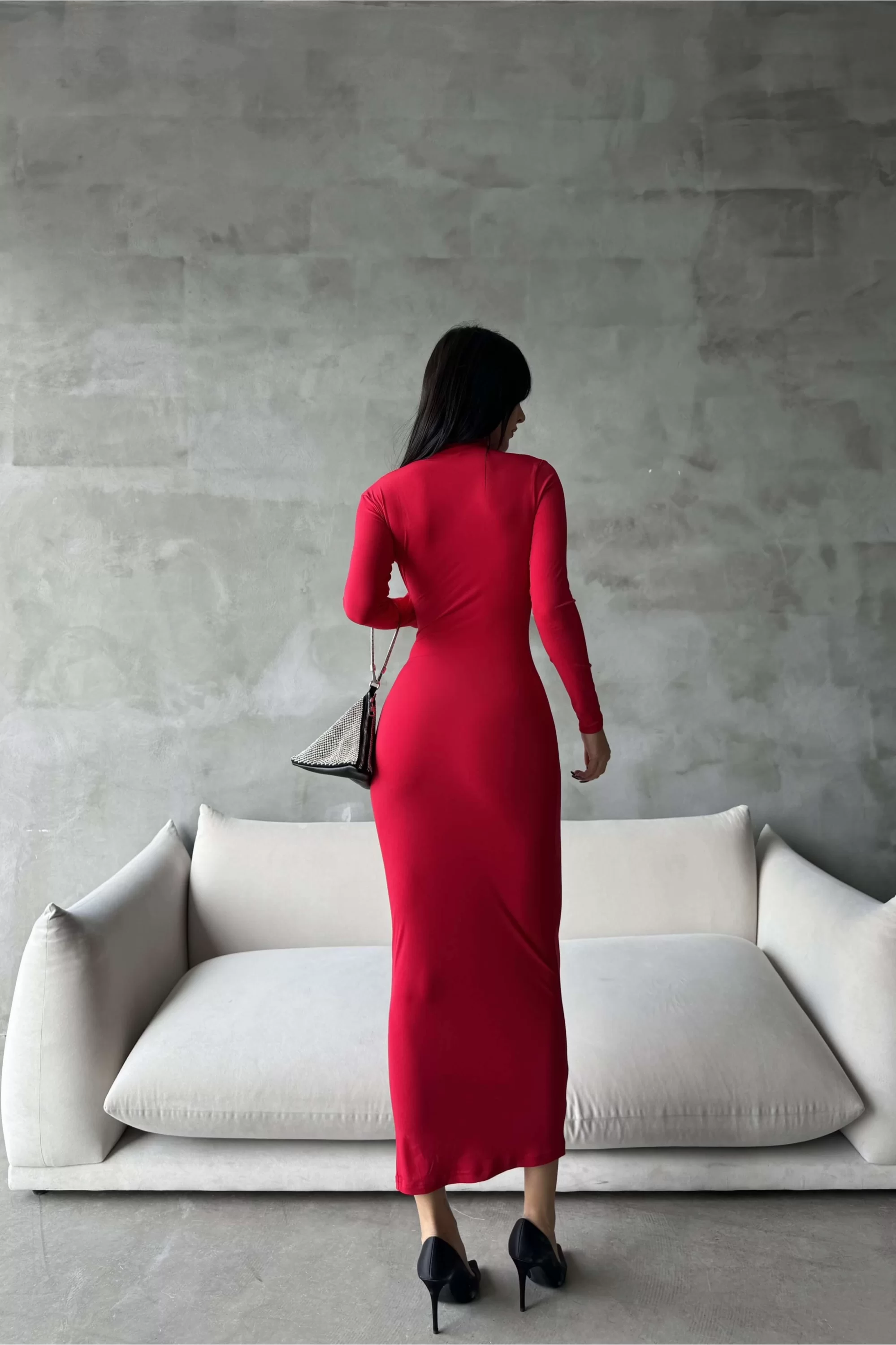 Kadın Kırmızı Büzgülü Uzun Elbise 1009-0839