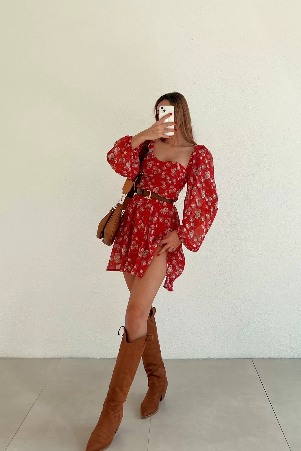 Kadın Kirmizi Çiçek Desen Elbise 0990-2711