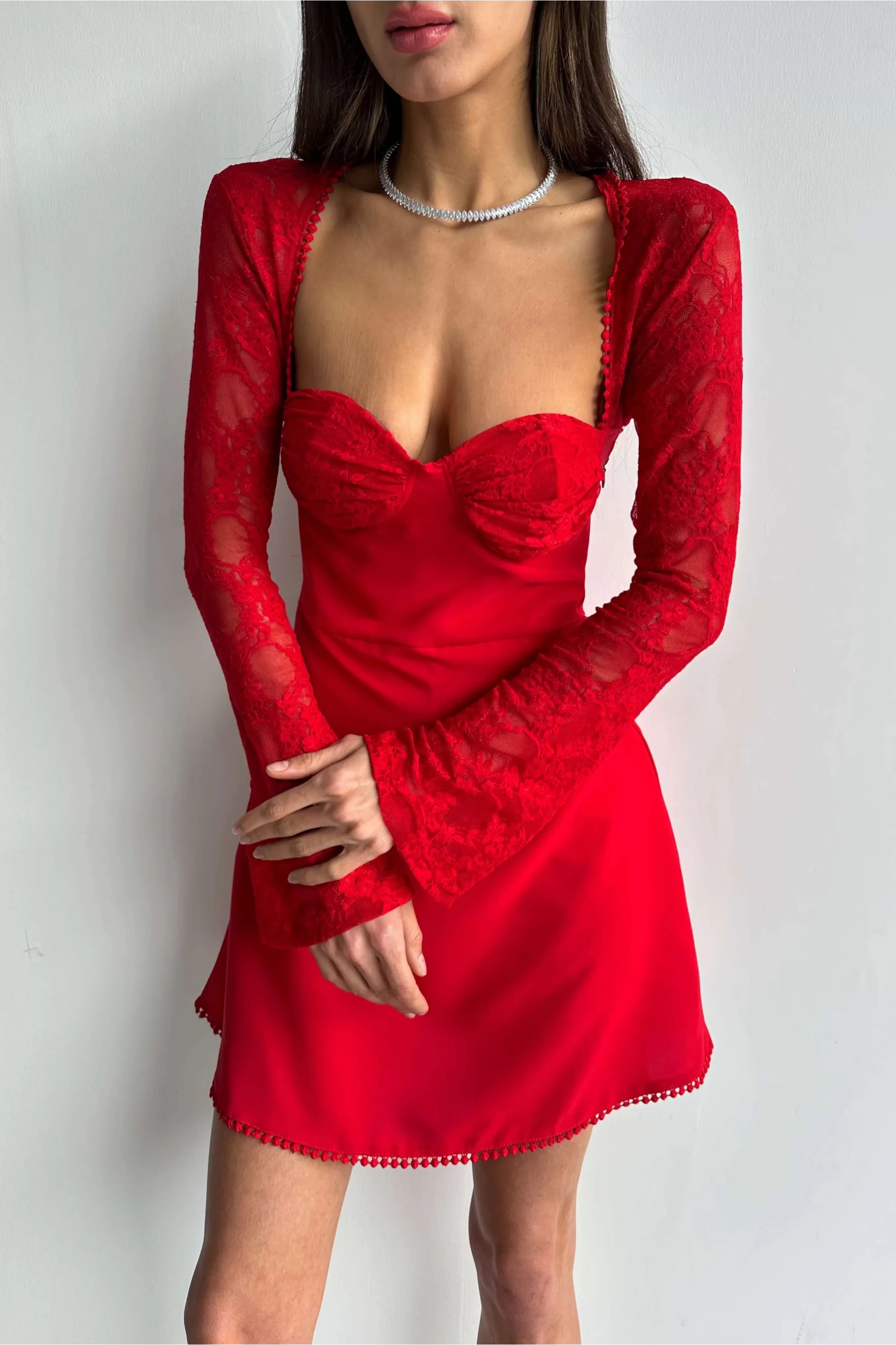 Kadın Kırmızı Dantel Detay Elbise 1026-221477