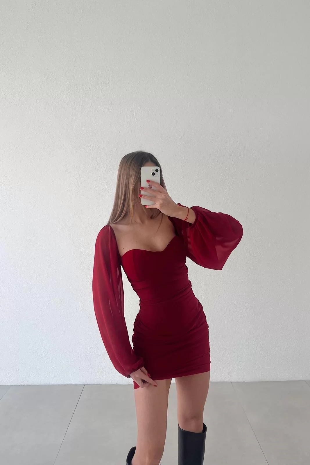 Kadın Kirmizi Büzgülü Tül Elbise 0990-231011