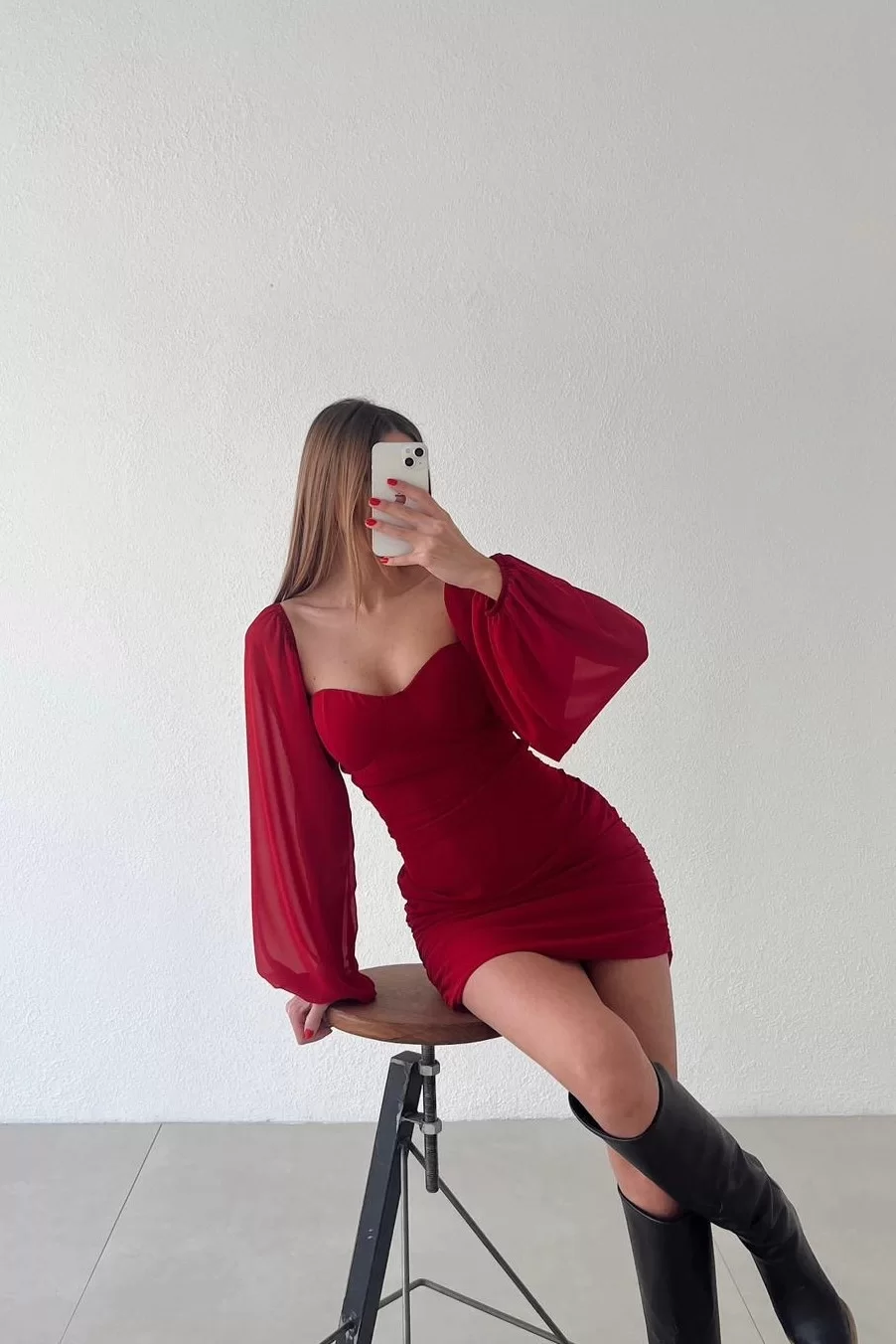 Kadın Kirmizi Büzgülü Tül Elbise 0990-231011