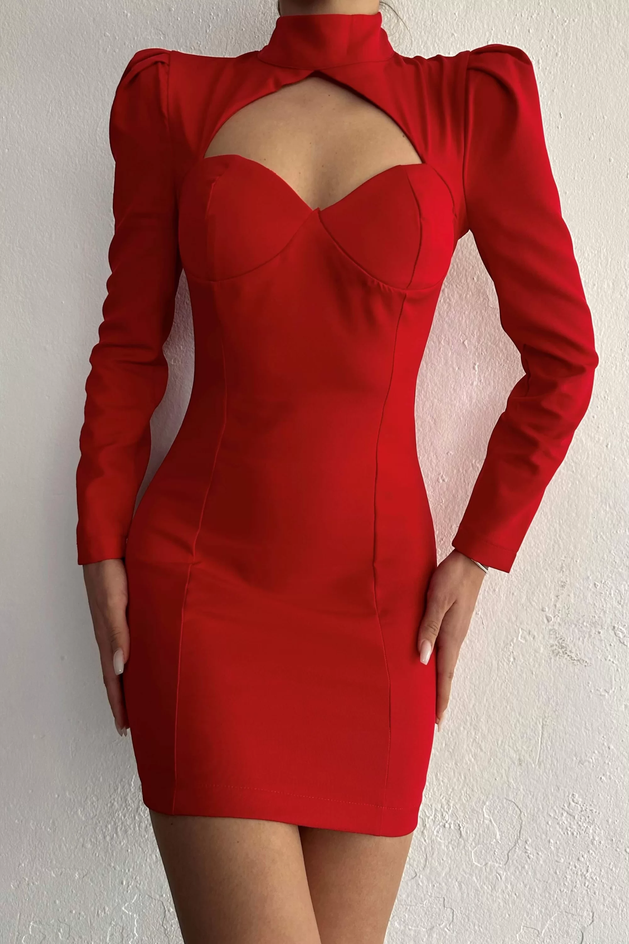 Kadın Kirmizi Pencere Detay Elbise 0990-2712