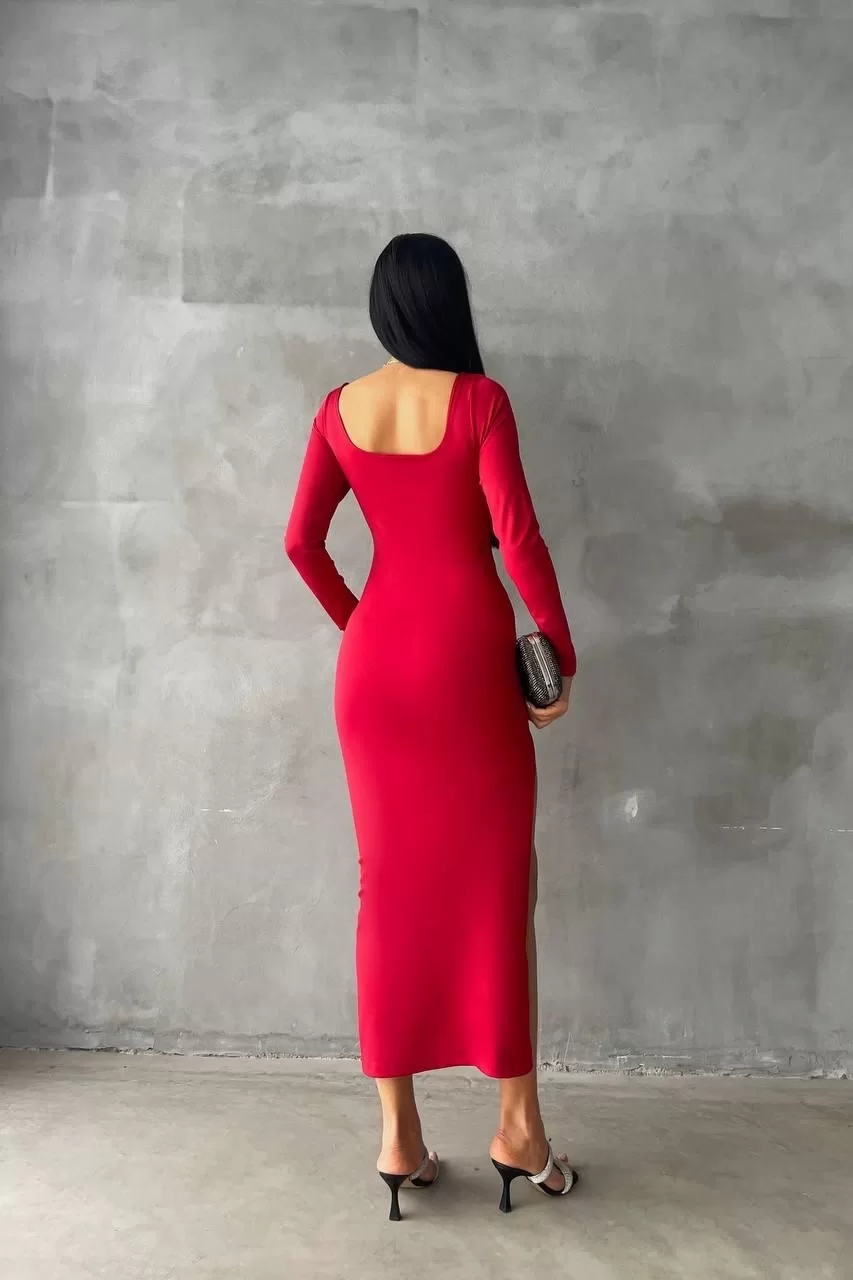 Kadın Kırmızı Yırtmaçlı Kayık Yaka Uzun Elbise 0999-23252