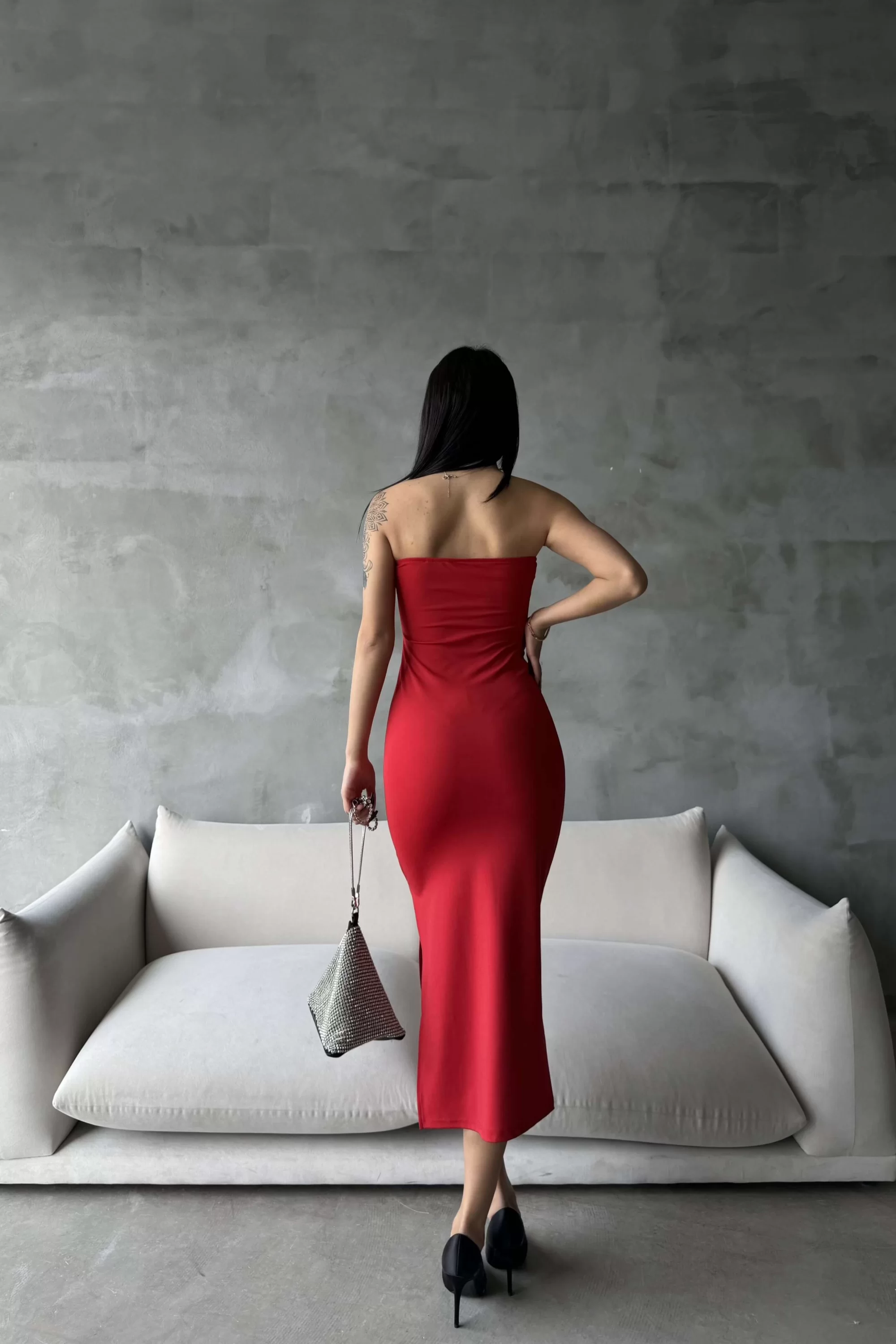 Kadın Kırmızı Yırtmaçlı Straplez Elbise 0956-1982