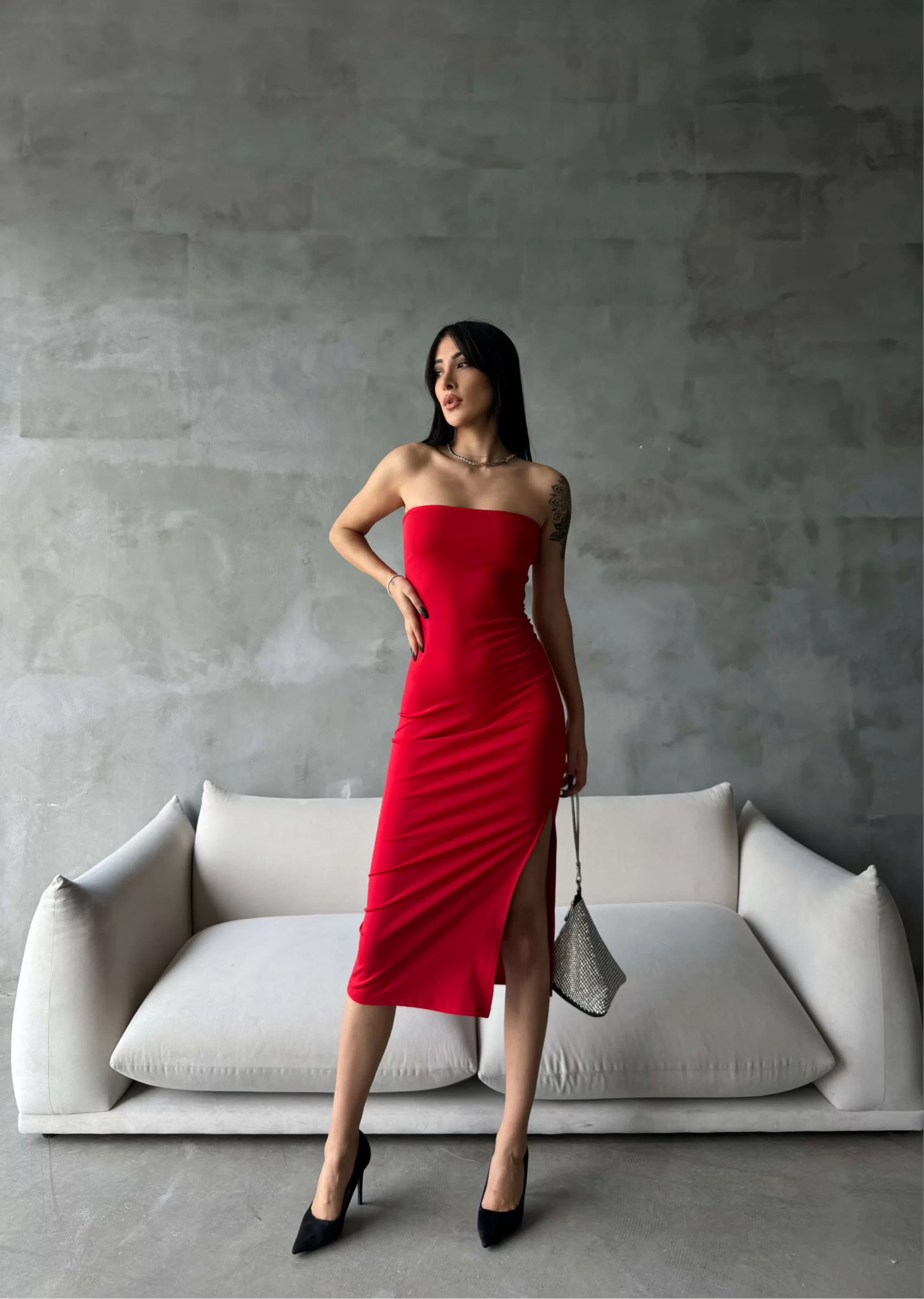 Kadın Kırmızı Yırtmaçlı Straplez Elbise 0956-1982