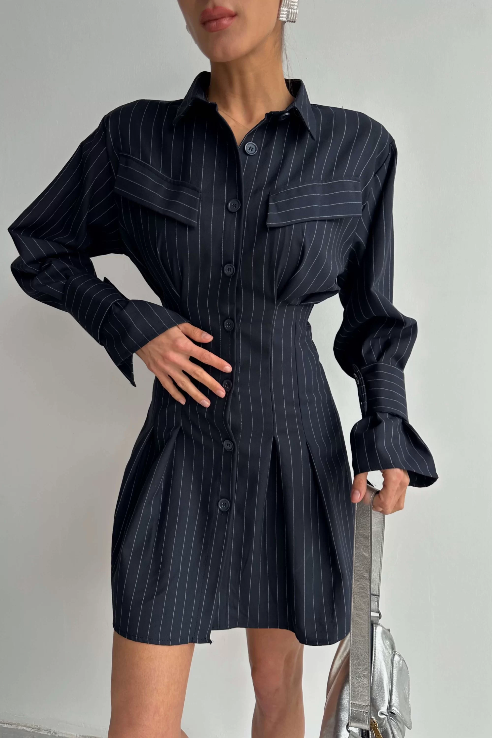 Kadın Lacivert Çizgili Gömlek Elbise 0990-241042