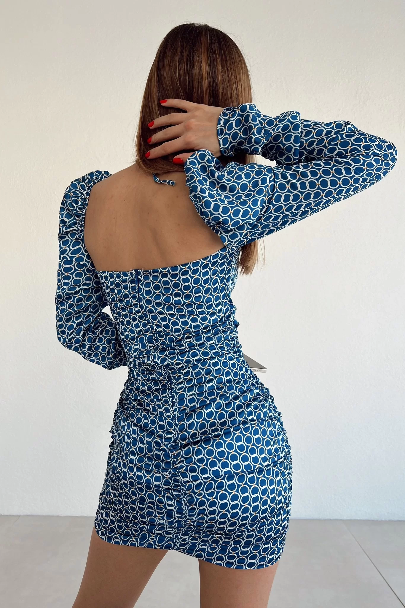 Kadın Mavi Büzgülü Desenli Elbise 0990-231008