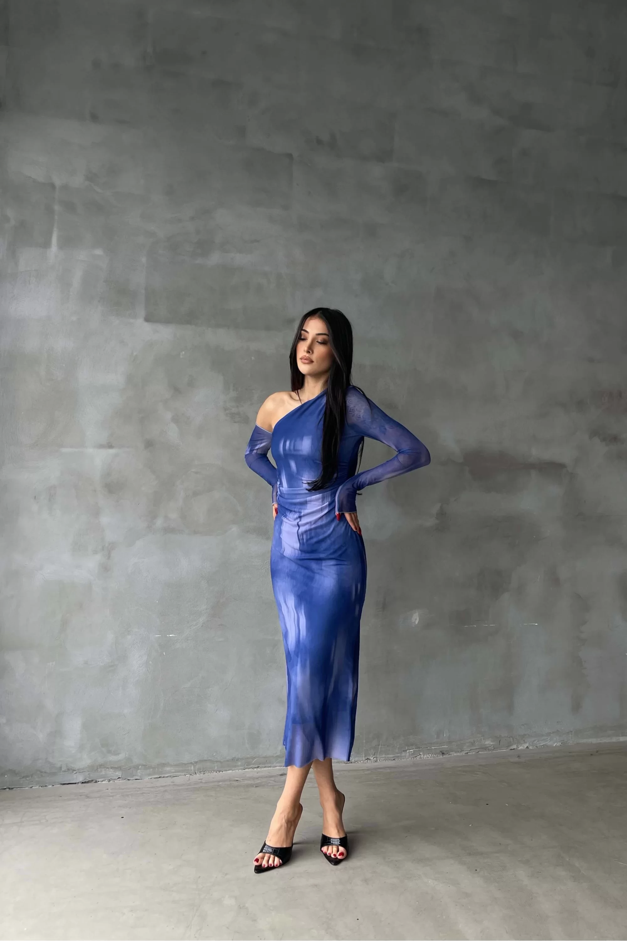 Kadın Mavi Desenli Uzun Elbise 1026-221401