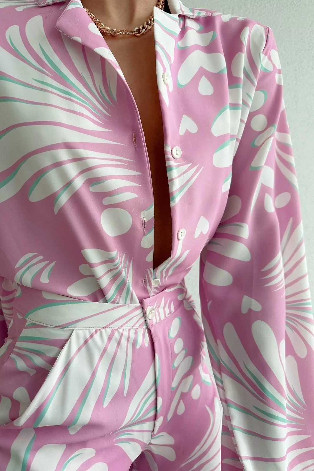 Kadın Pembe Gömlek Pantolon Oversize Takım 0990-231038