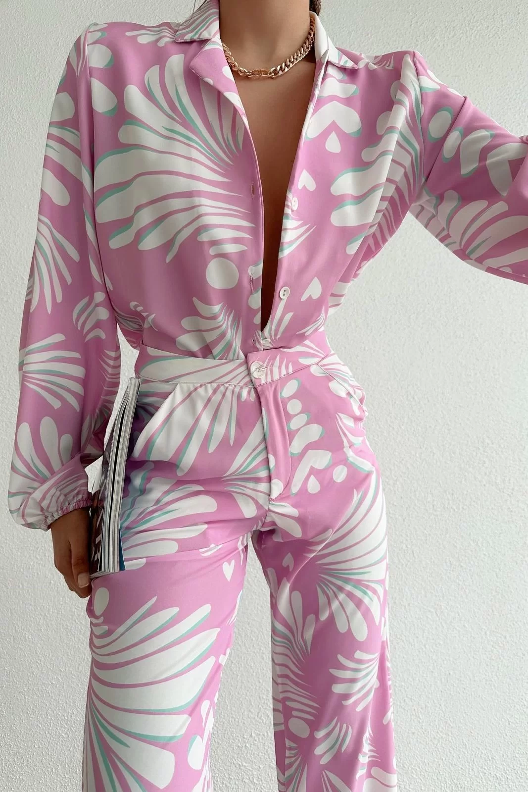 Kadın Pembe Gömlek Pantolon Oversize Takım 0990-231038