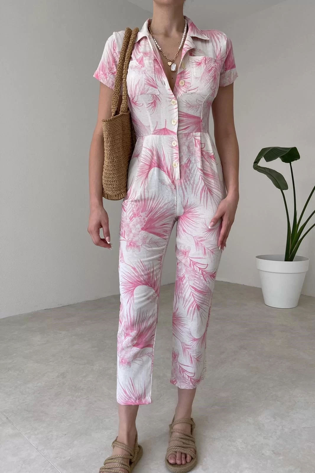Kadın Pembe Oversize Keten Tulum 0990-223097