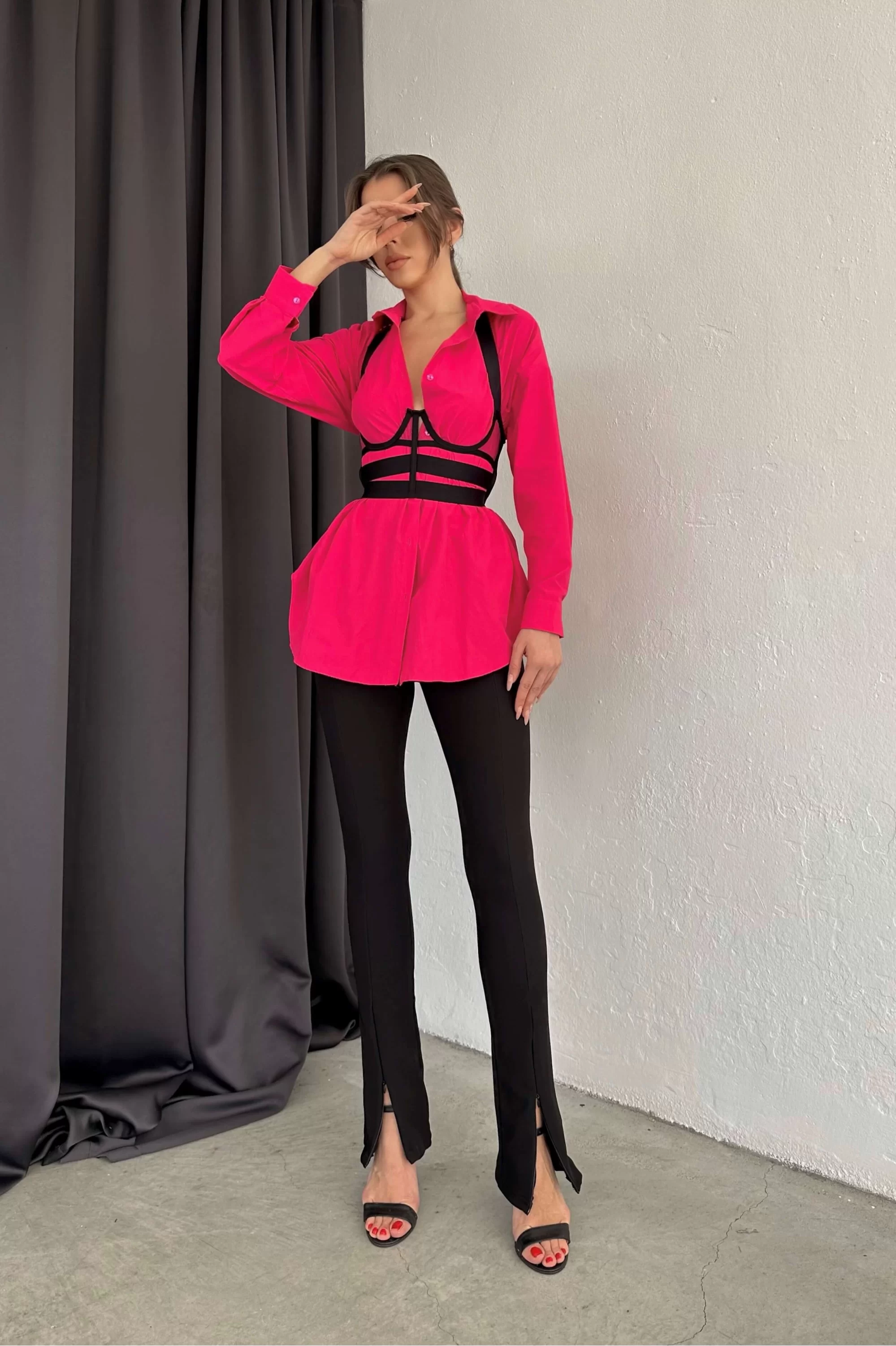Kadın Pembe Oversize Klasik Gömlek 0990-2647