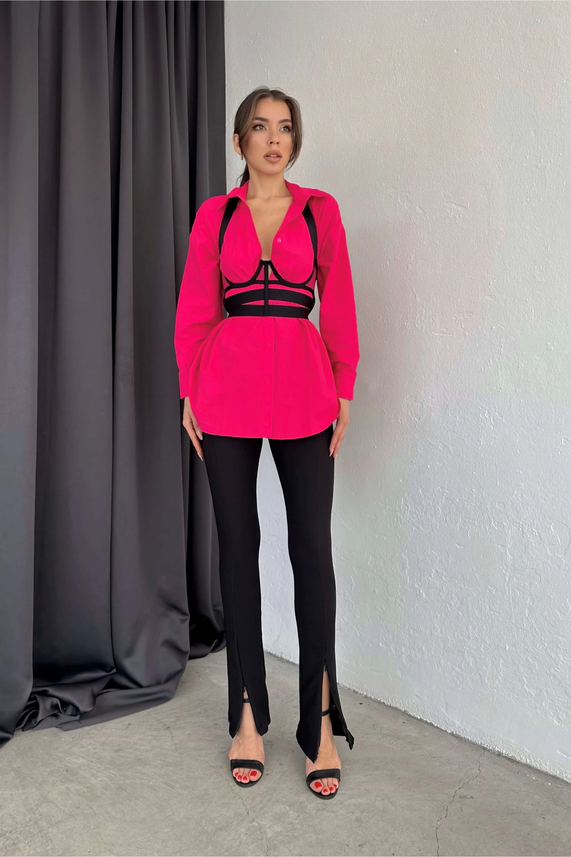 Kadın Pembe Oversize Klasik Gömlek 0990-2647
