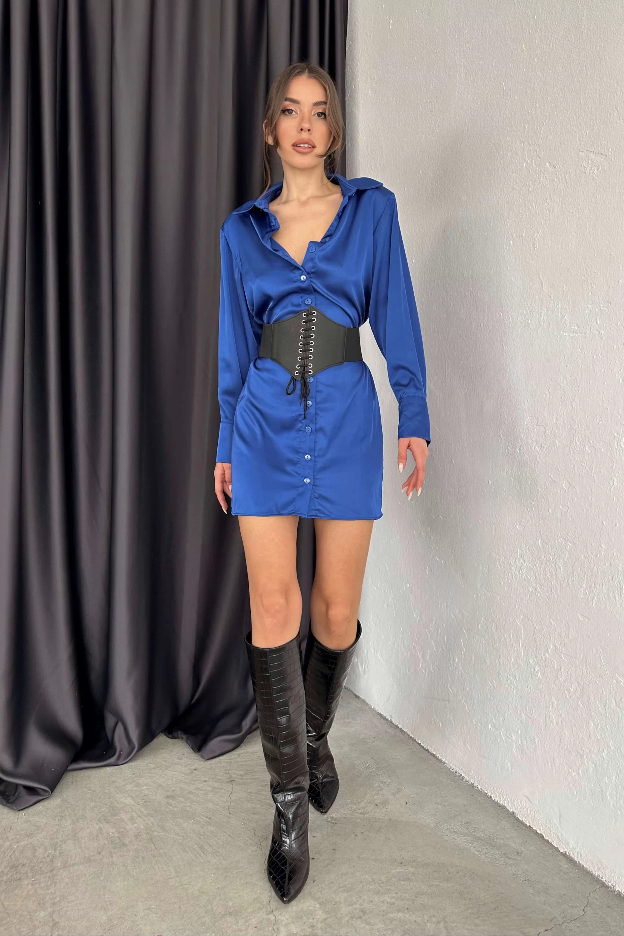 Kadın Saks Vatkalı Büzgülü Elbise 0990-2741