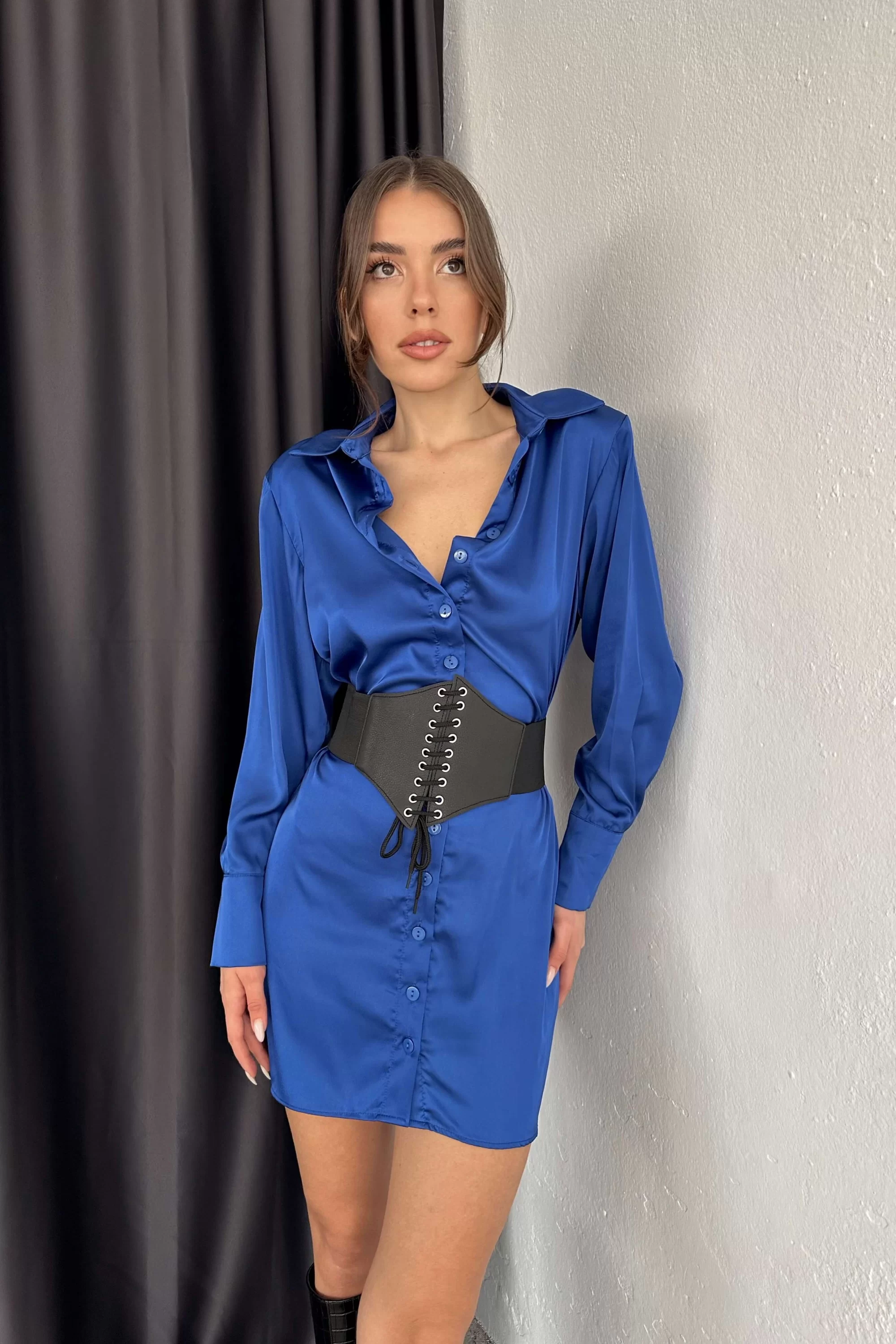 Kadın Saks Vatkalı Büzgülü Elbise 0990-2741
