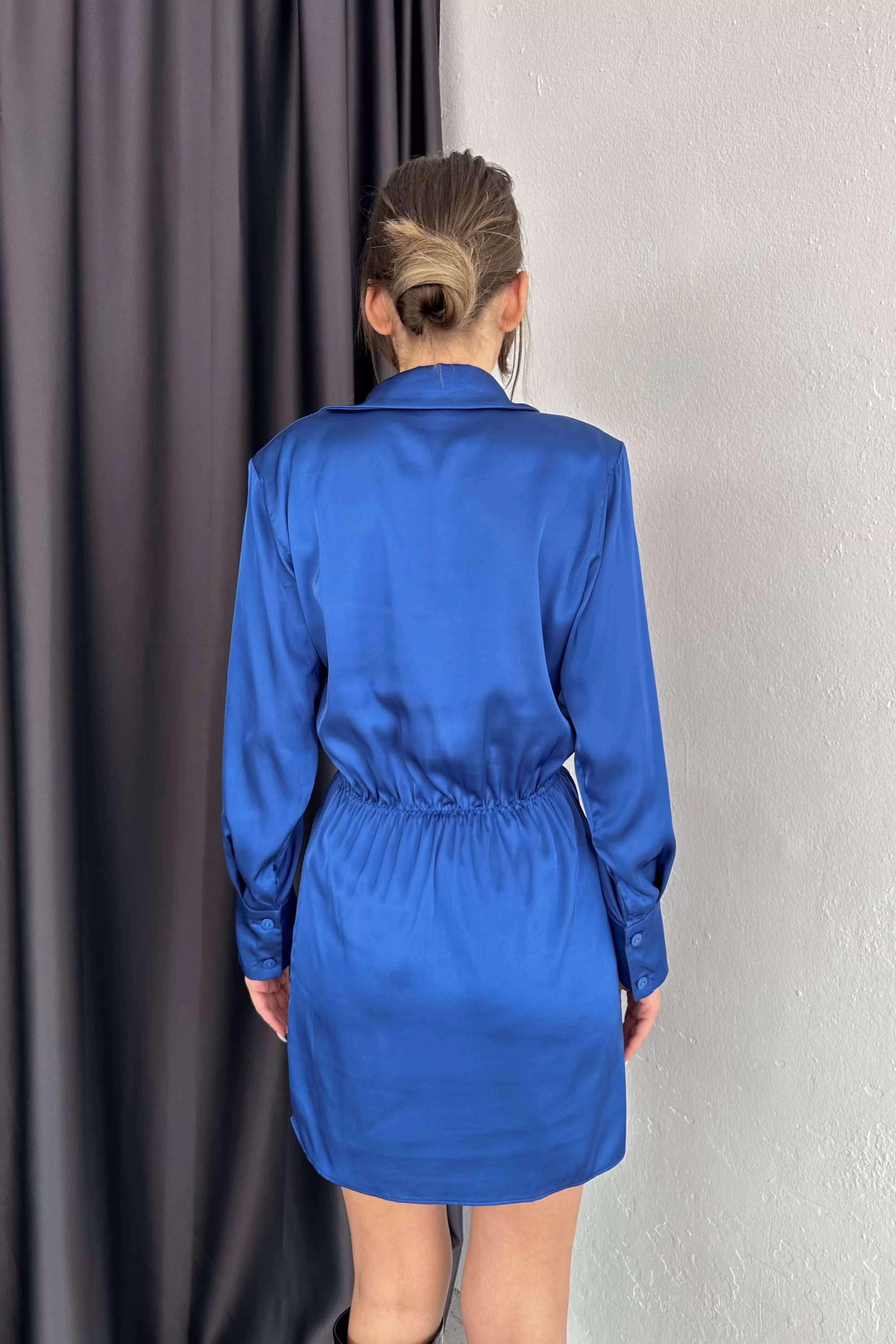 Kadın Saks Vatkalı Büzgülü Elbise 0990-2741