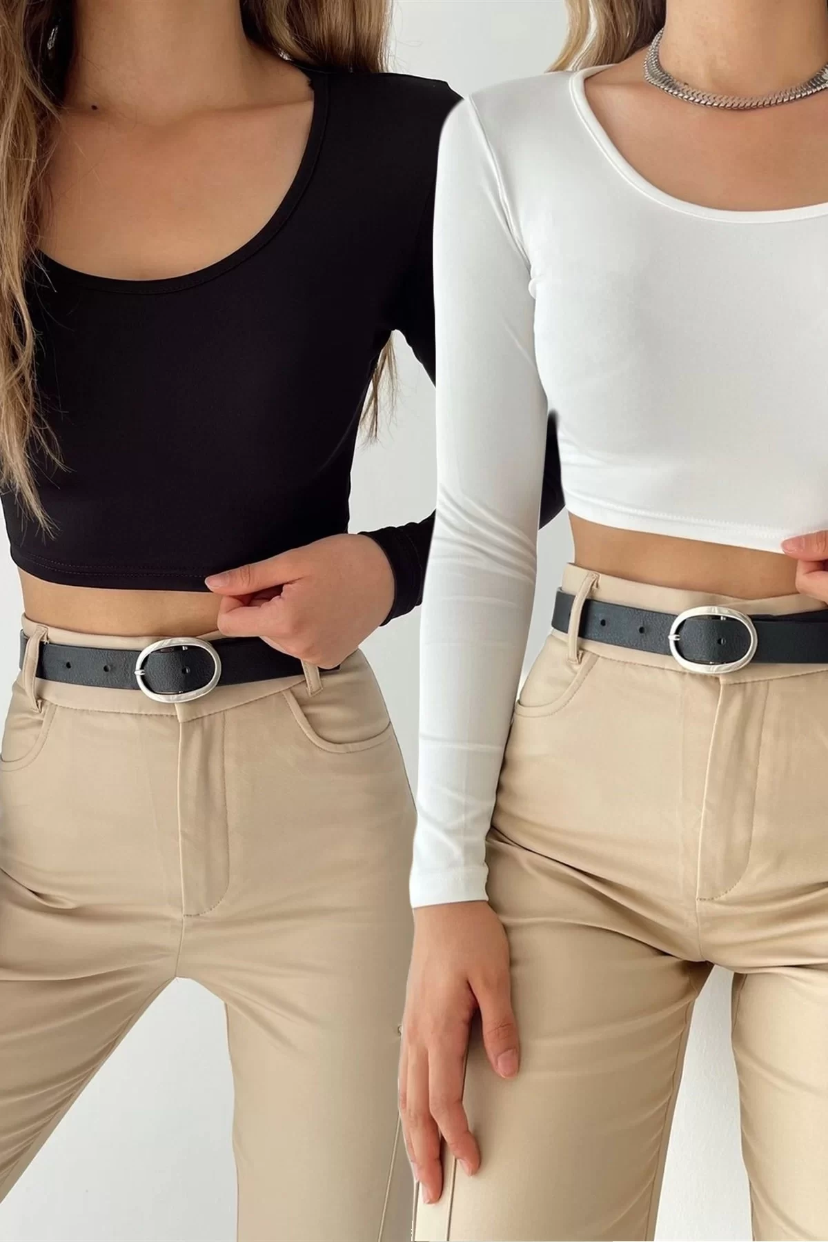 Kadın Siyah-beyaz U Yaka İkili Scuba Crop Takım 0956-1187