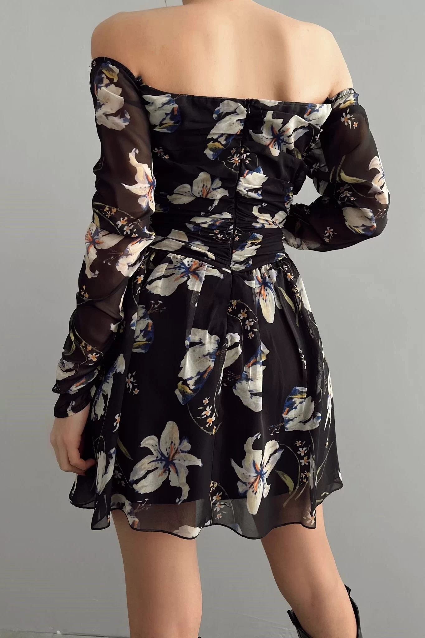 Kadın Siyah Çiçek Desen Elbise 0990-231015