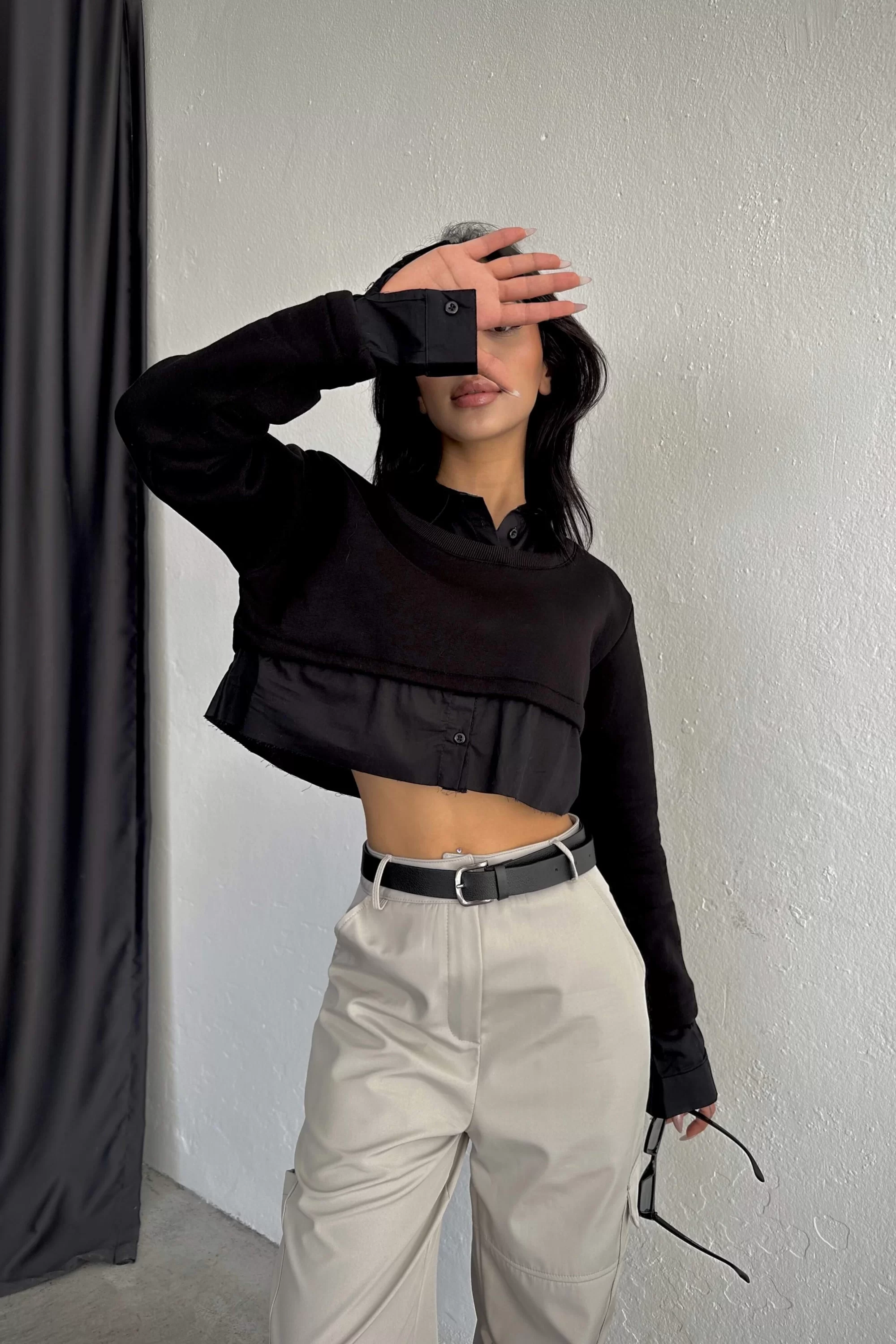 Kadın Siyah Crop Gömlek Sweat 1017-4070