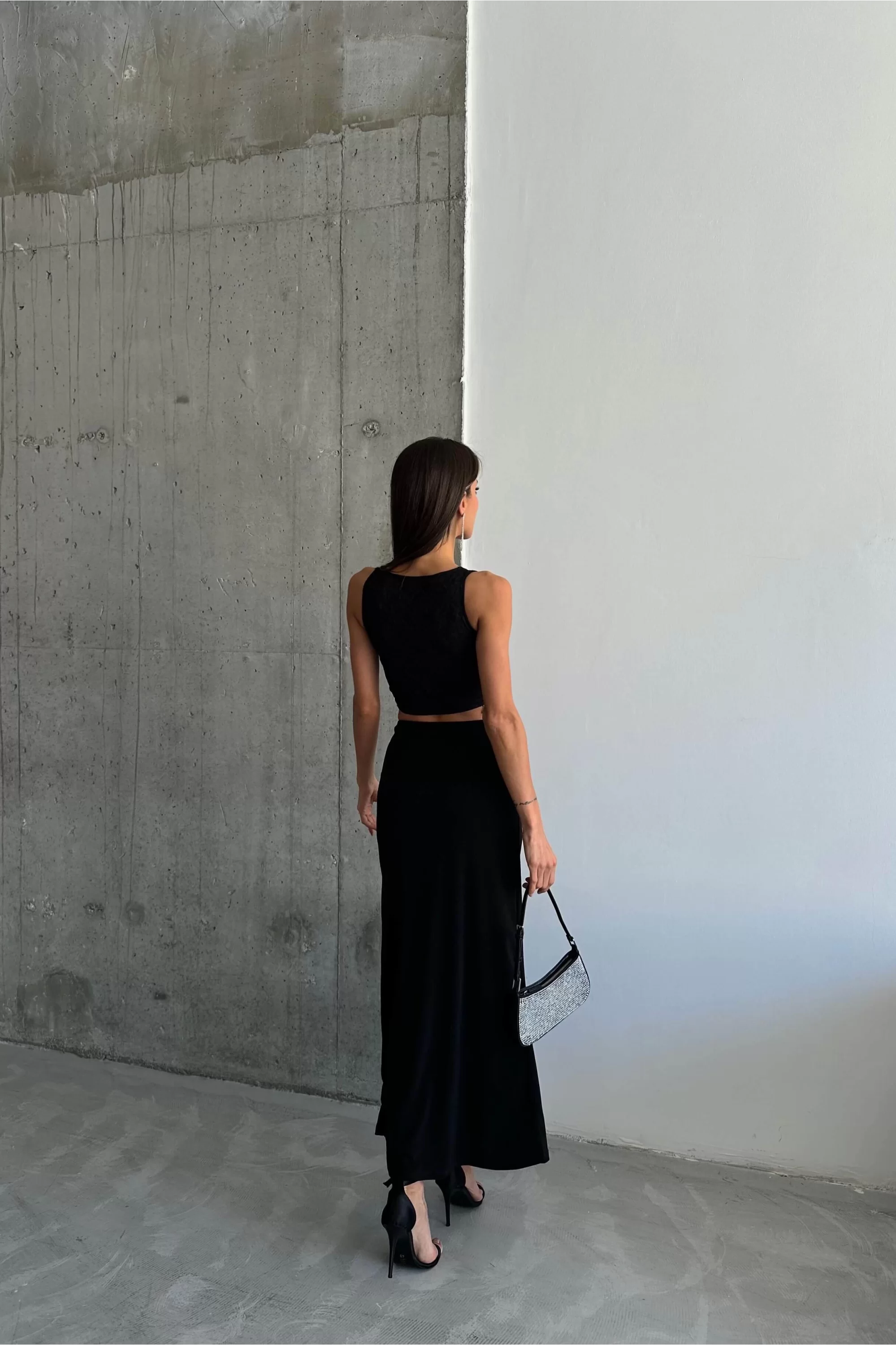 Kadın Siyah Dantel Detay Elbise Crop Takım 1007-4641
