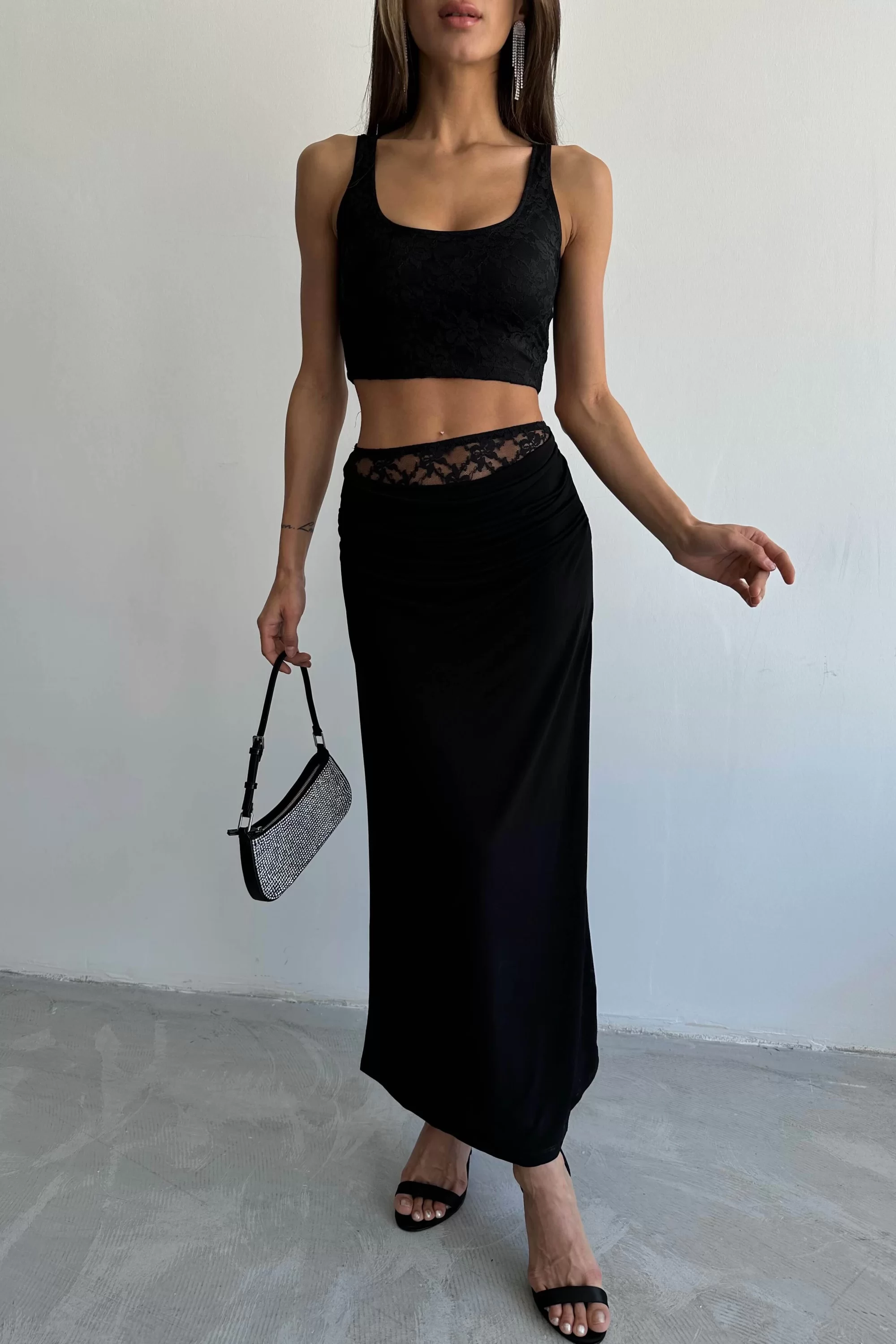 Kadın Siyah Dantel Detay Elbise Crop Takım 1007-4641