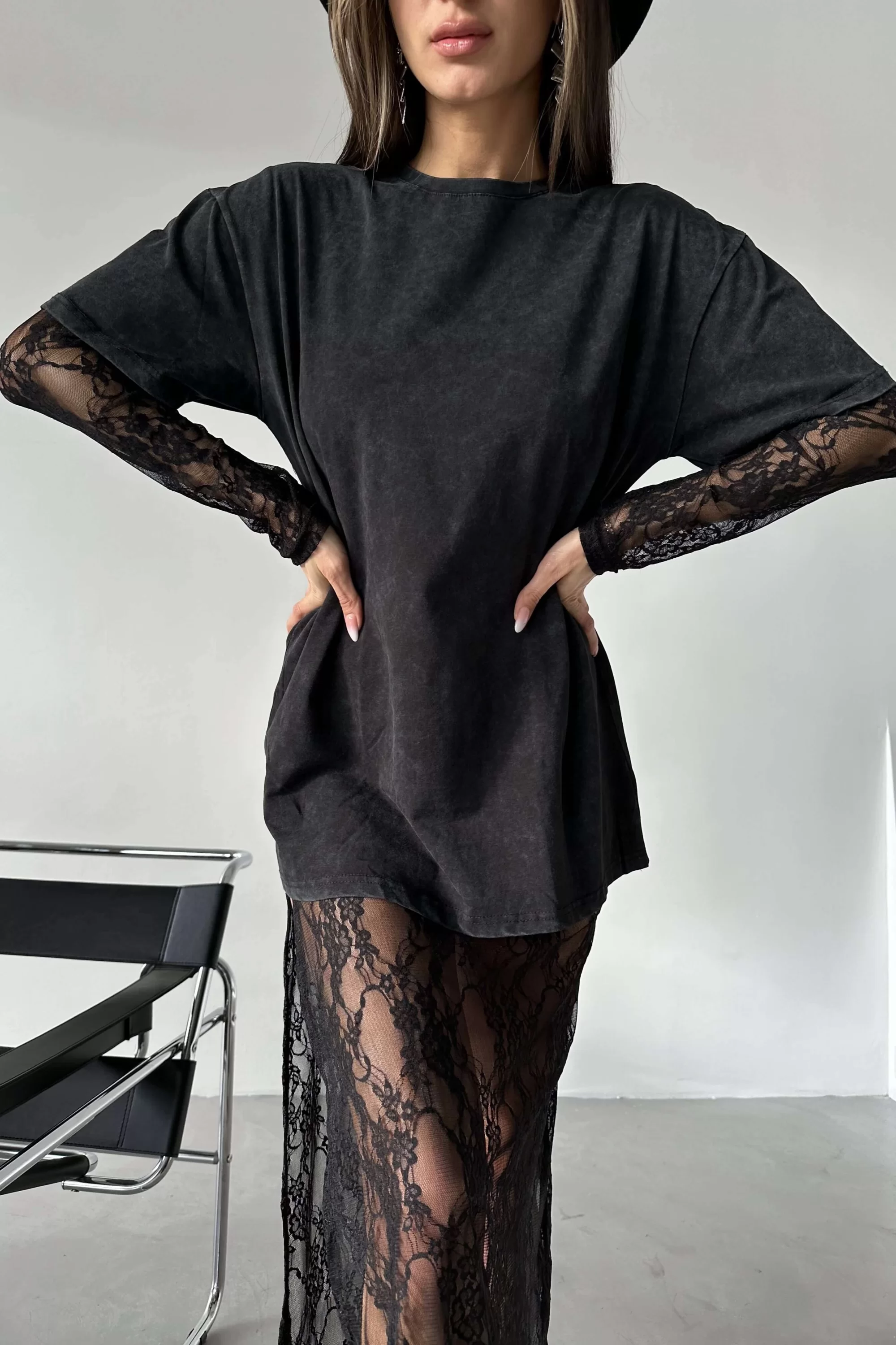 Kadın Siyah Dantel Elbise T-shirt Takım 1026-221435