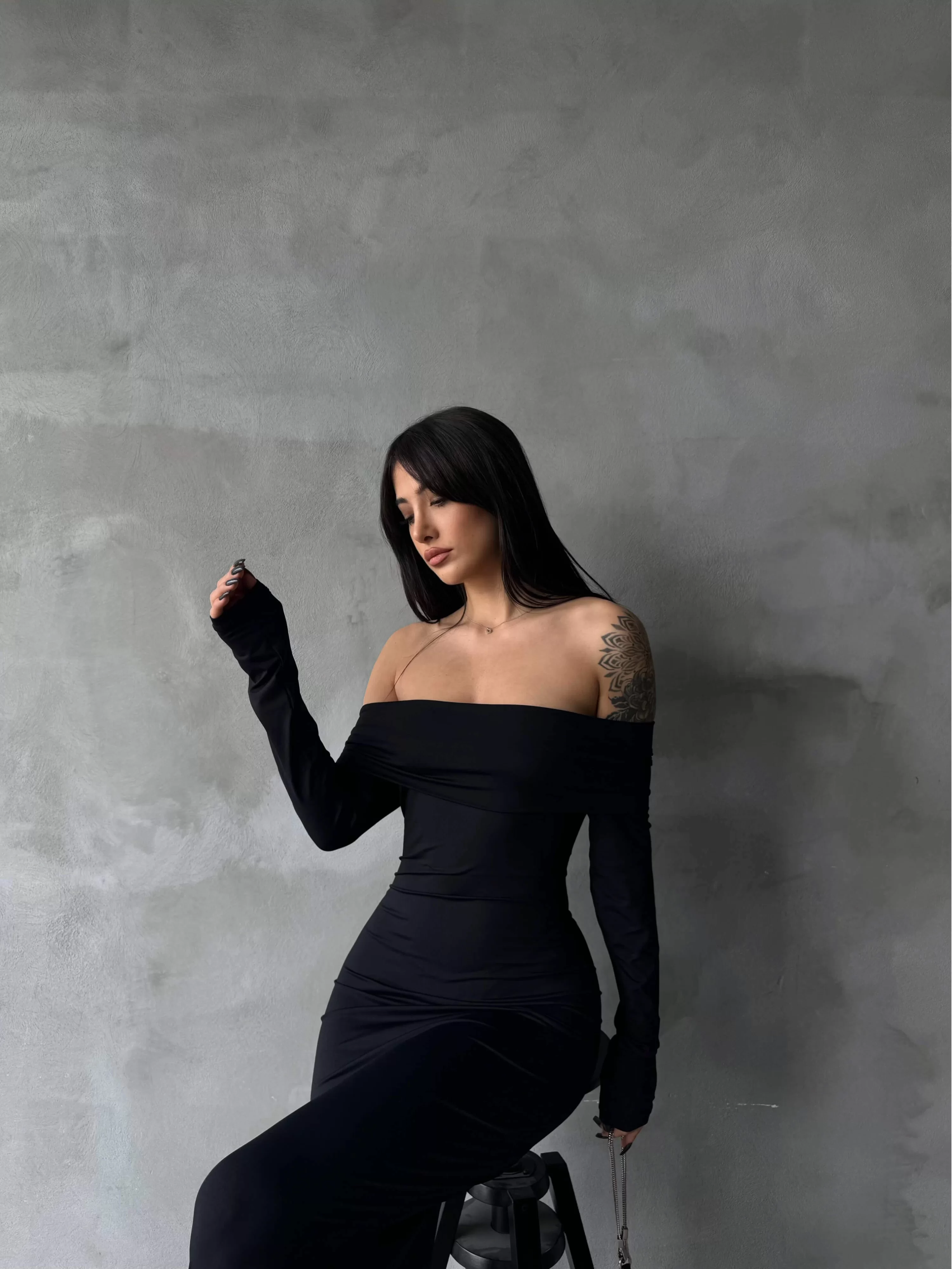 Kadın Siyah Degaje Yaka Uzun Elbise 1017-2407