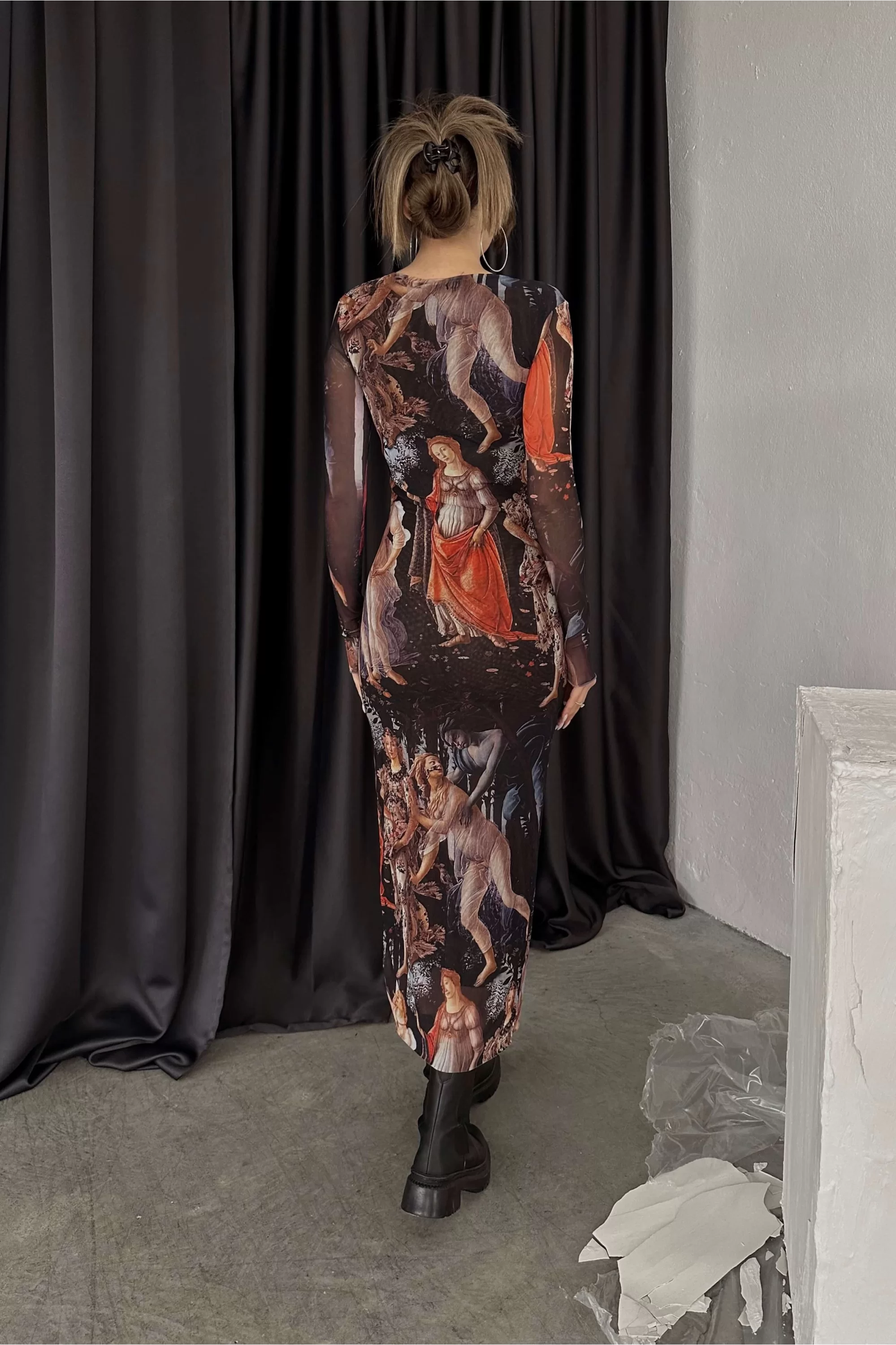 Kadın Siyah Desenli Tül Elbise 1017-3090