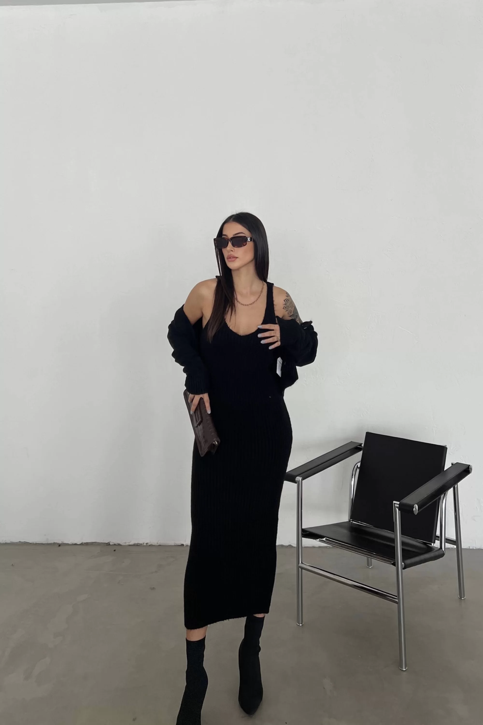 Kadın Siyah Elbise Hırka Fitilli Takım 0880-231062