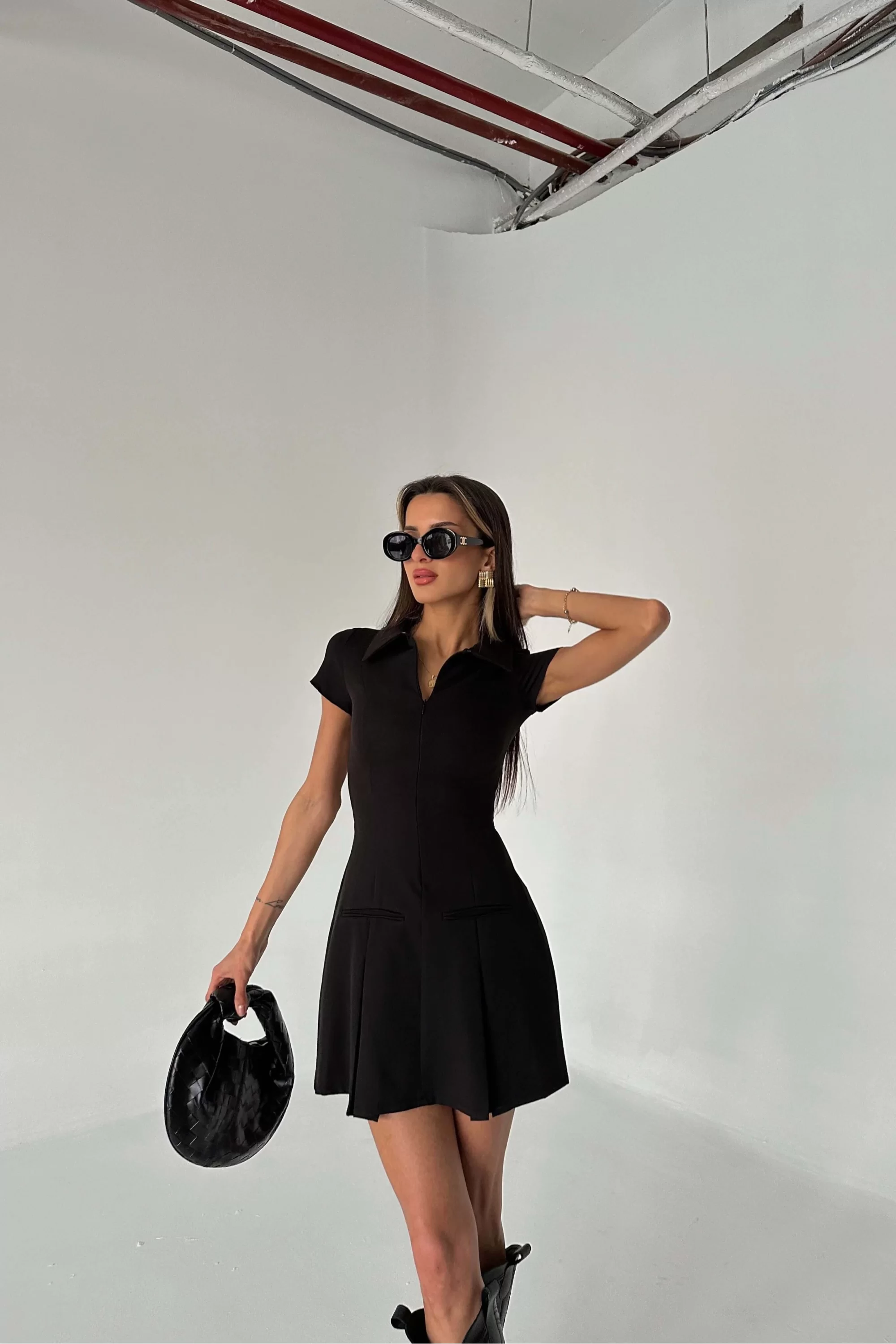 Kadın Siyah Polo Yaka Elbise 1007-242402