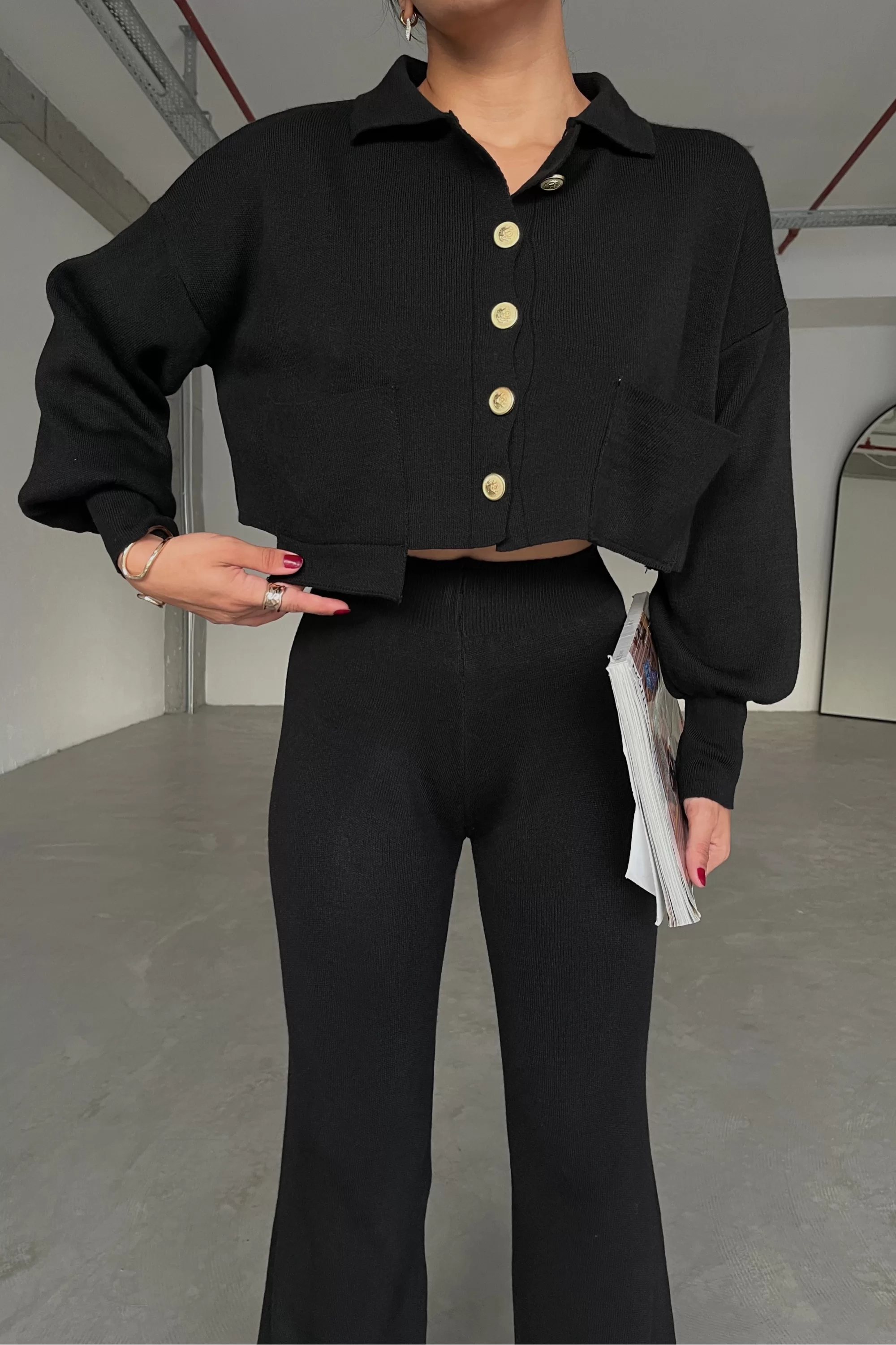 Kadın Siyah Gold Düğme Hırka Pantolon Takım 0999-22196