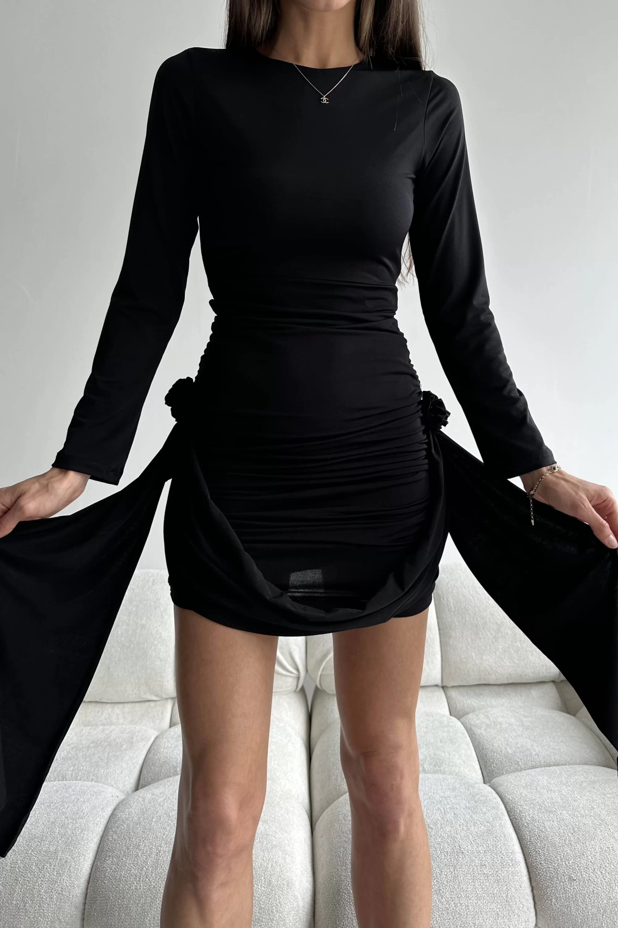 Kadın Siyah Gül Detay Büzgülü Elbise 0990-2867