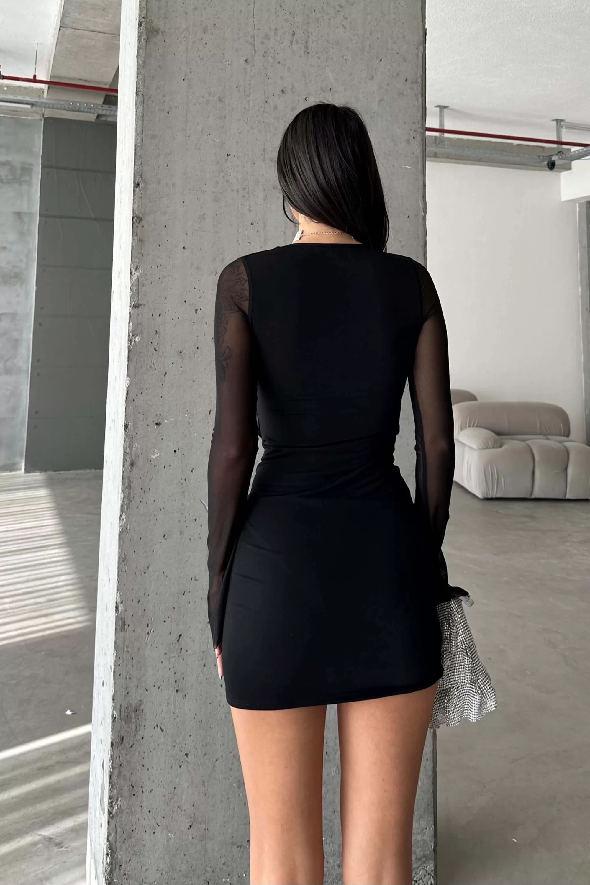 Kadın Siyah Kol Tül Dekolte Detay Elbise 1026-221353