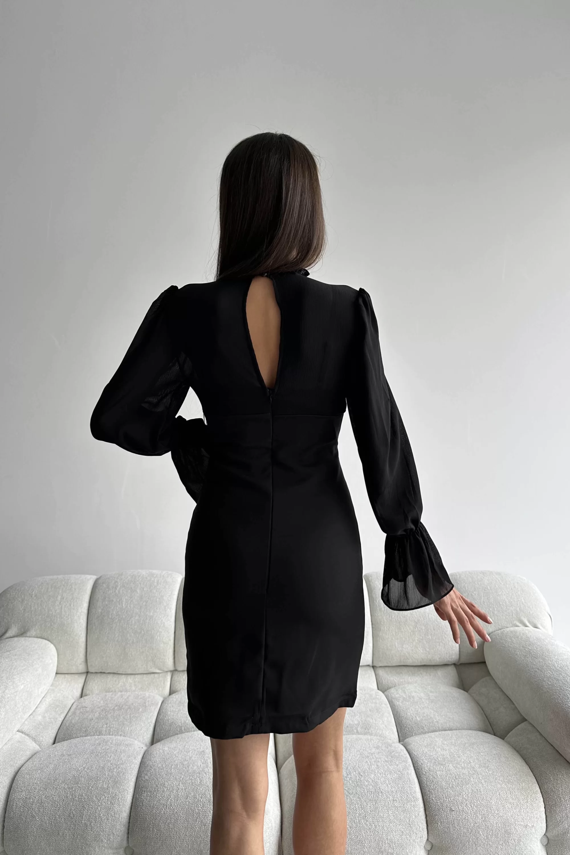 Kadın Siyah Kol Ucu Lastikli Tül Detay Elbise 0291-10642