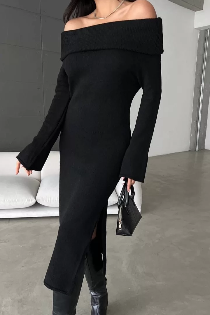 Kadın Siyah Madonna Yaka Elbise 1014-5126