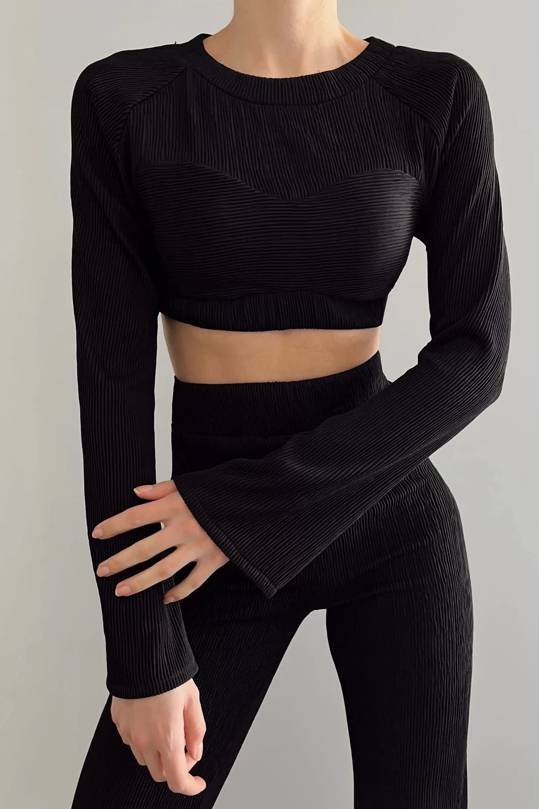 Kadın Siyah Oversize Crop Pantolon Takım 0990-2739