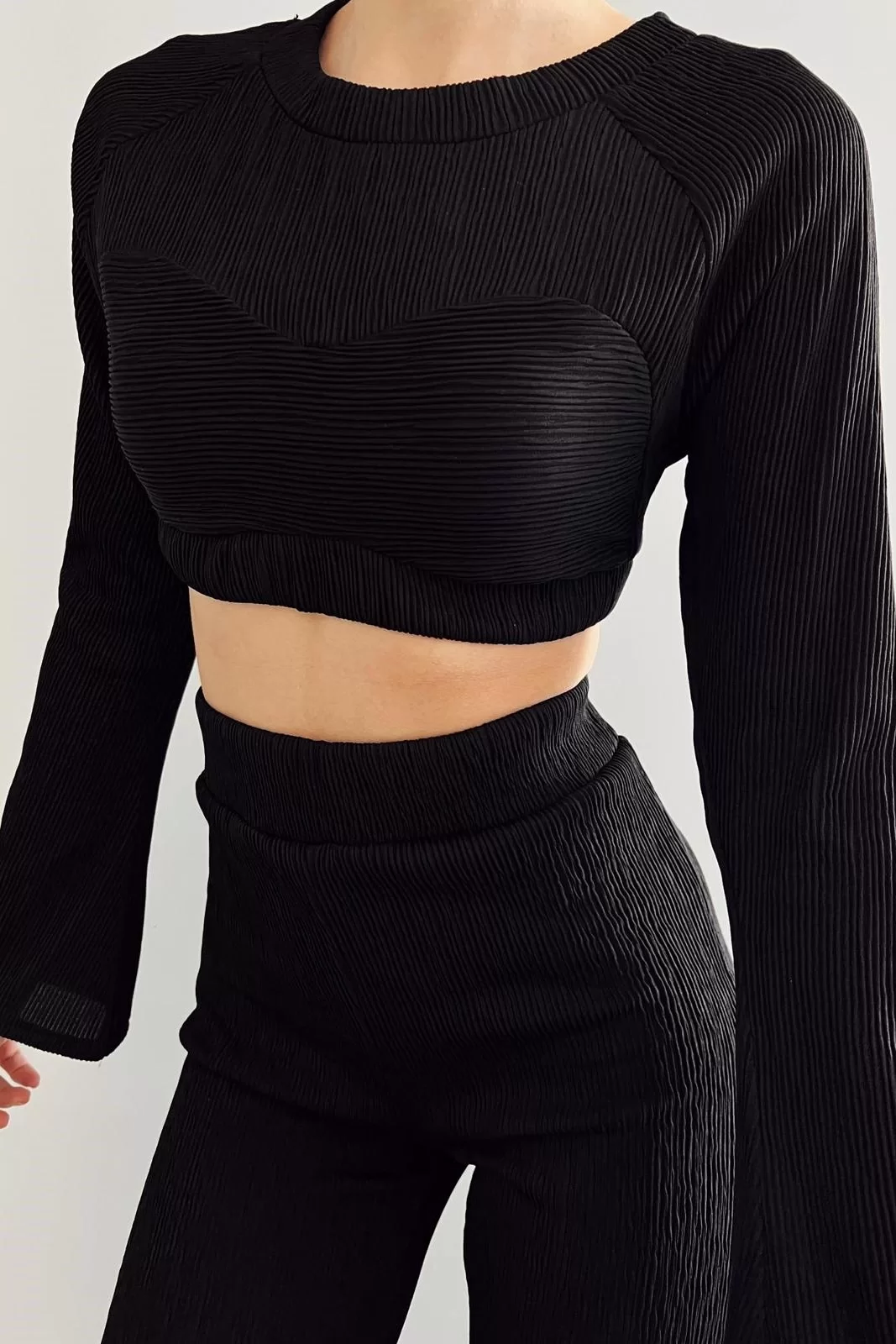 Kadın Siyah Oversize Crop Pantolon Takım 0990-2739
