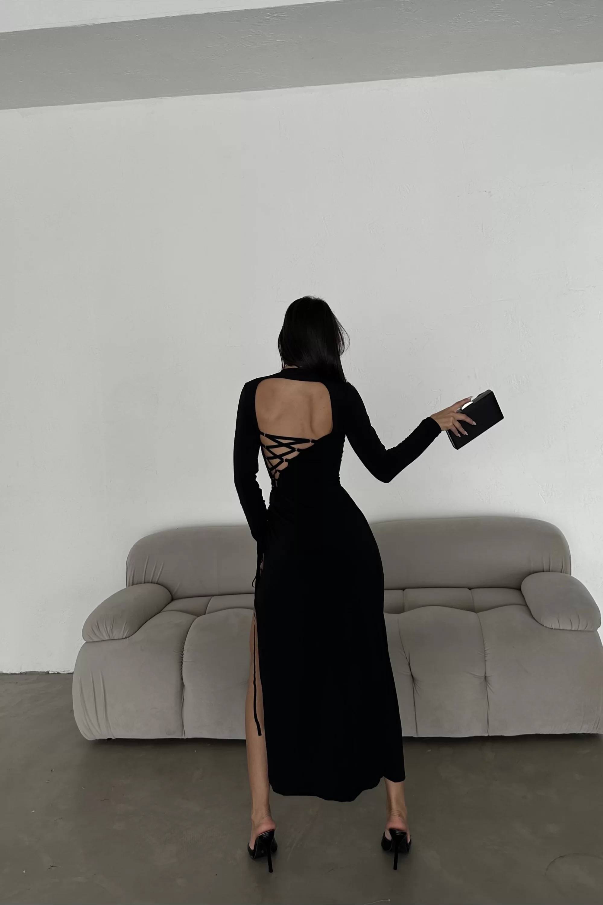 Kadın Siyah Sırt Dekolte Elbise 1026-221380