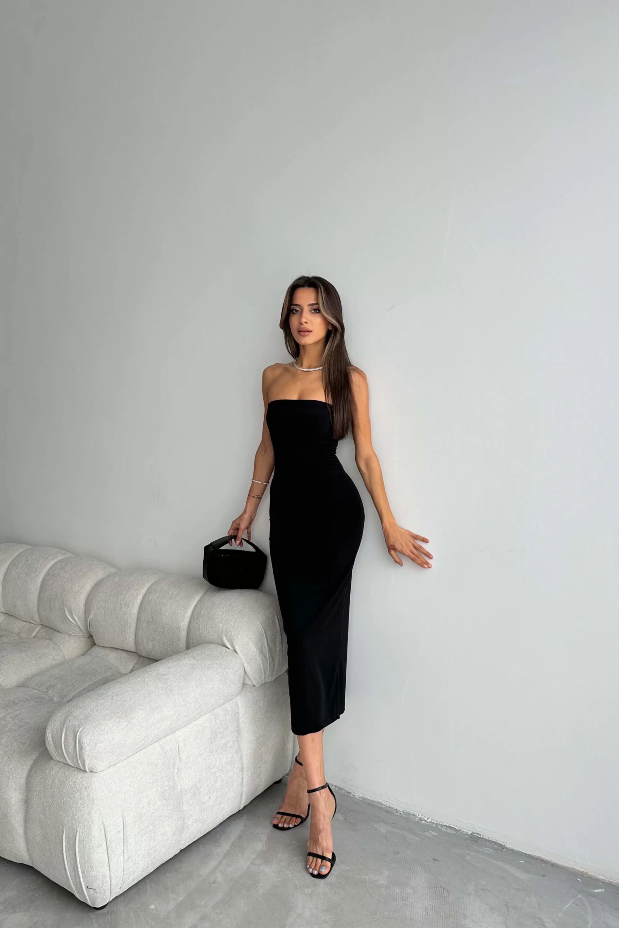 Kadın Siyah Straplez Elbise 1018-0287