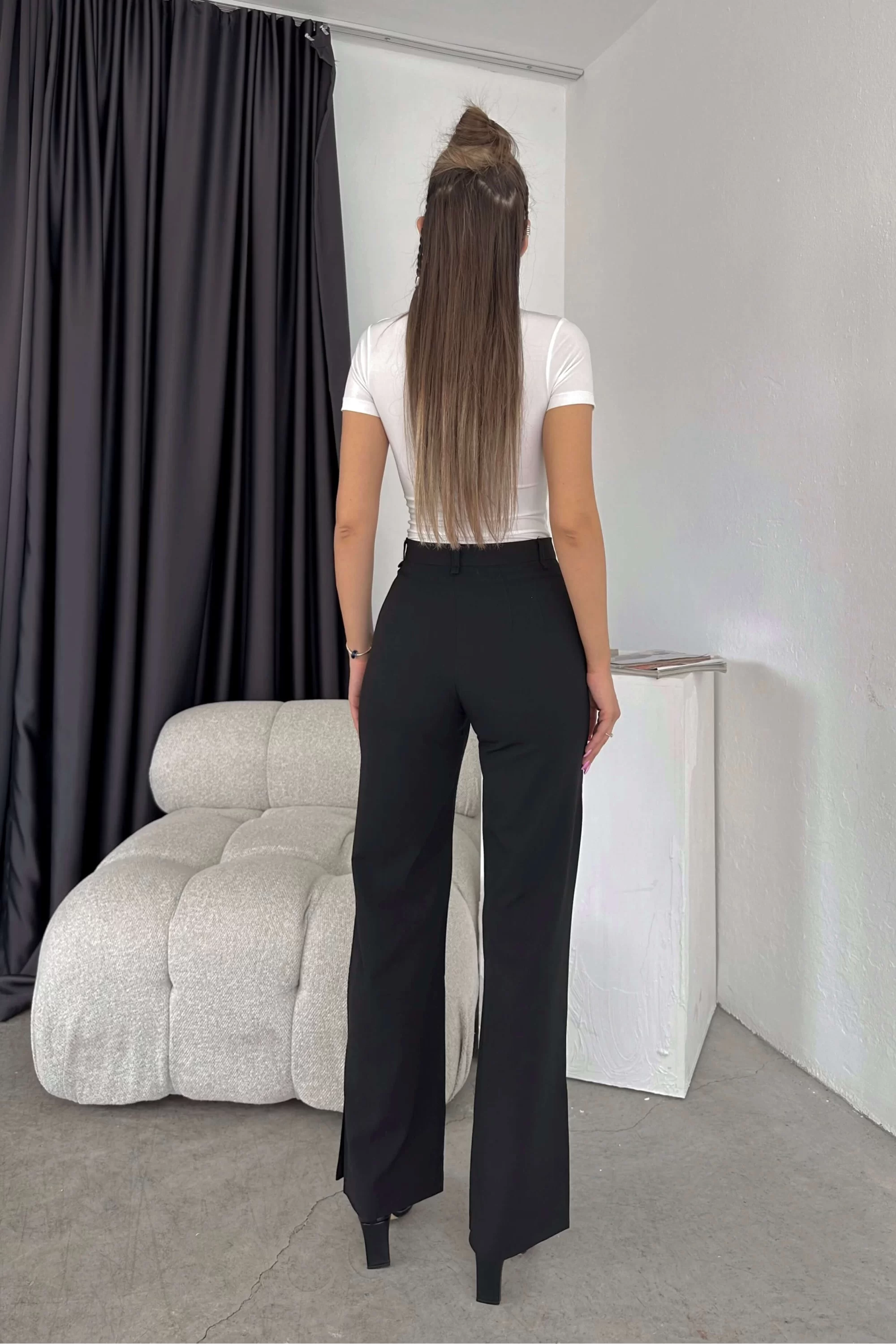 Kadın Siyah Yırtmaç Detay Çımalı Pantolon 0999-202210
