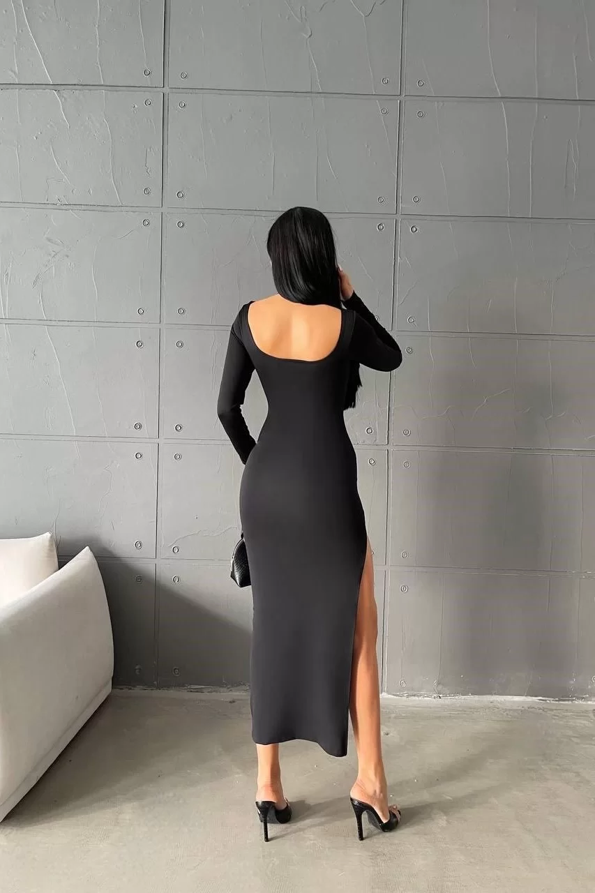Kadın Siyah Yırtmaçlı Kayık Yaka Uzun Elbise 0999-23252