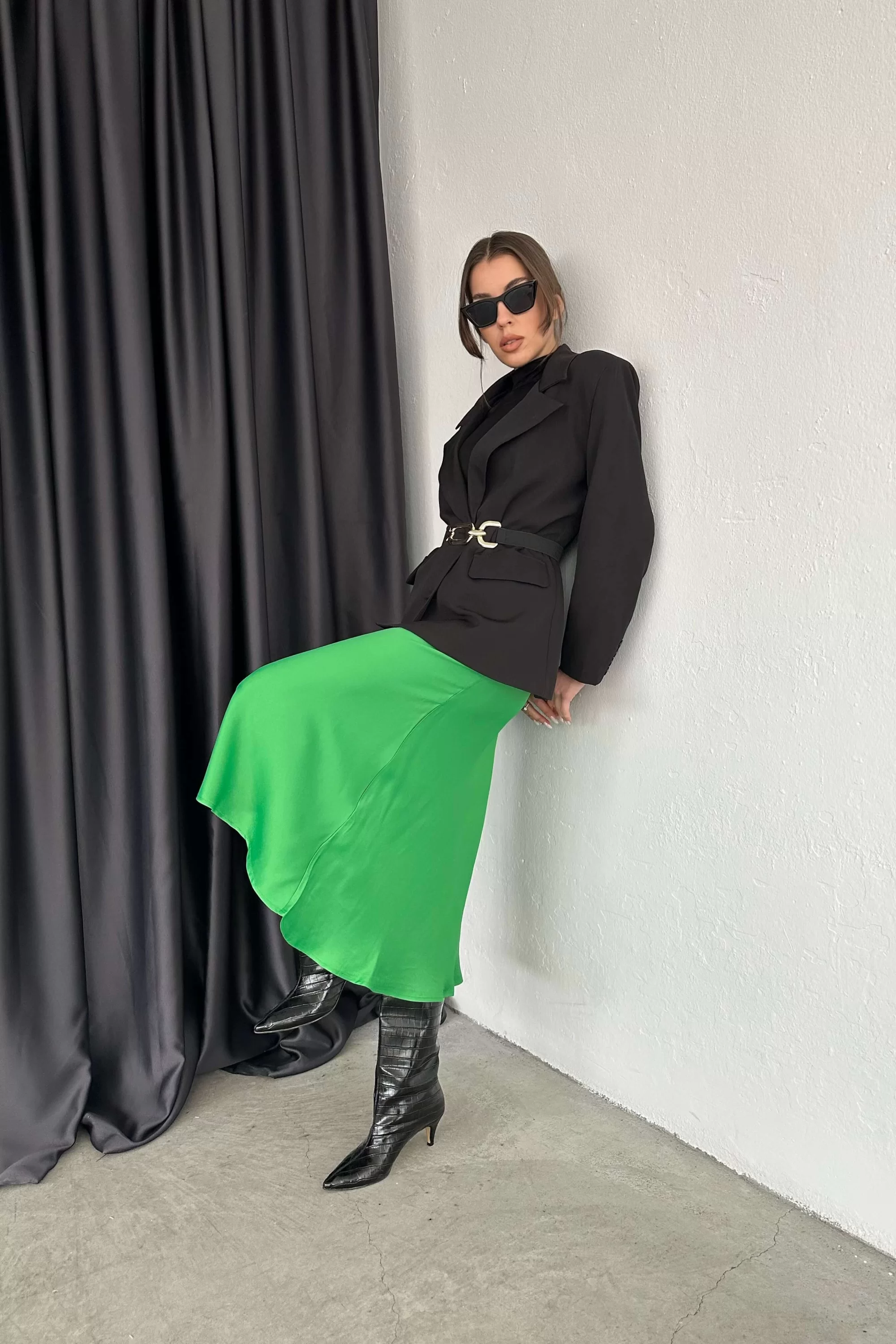 Kadın Yesil Beli Lastikli Saten Etek 0709-1348