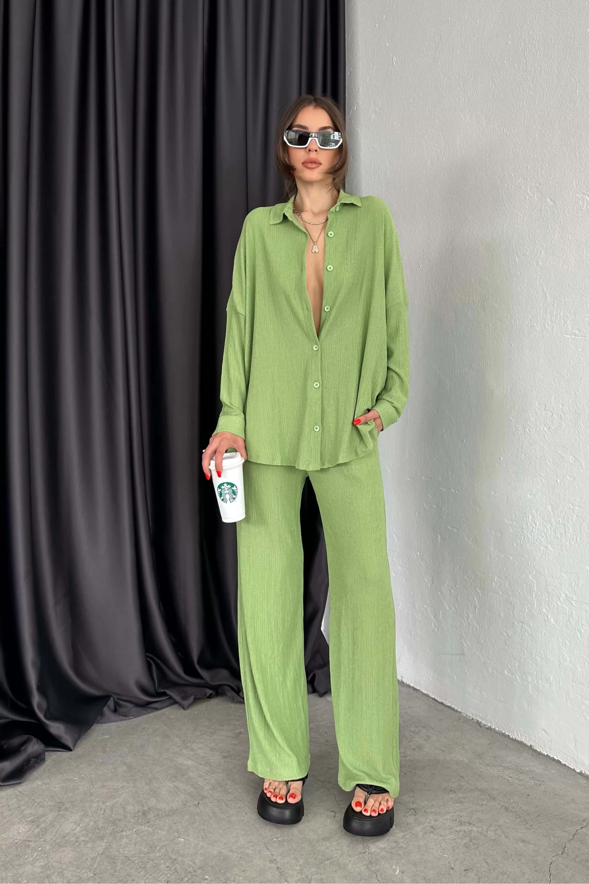 Kadın Yesil Bürümcük Oversize Takım 1009-2102