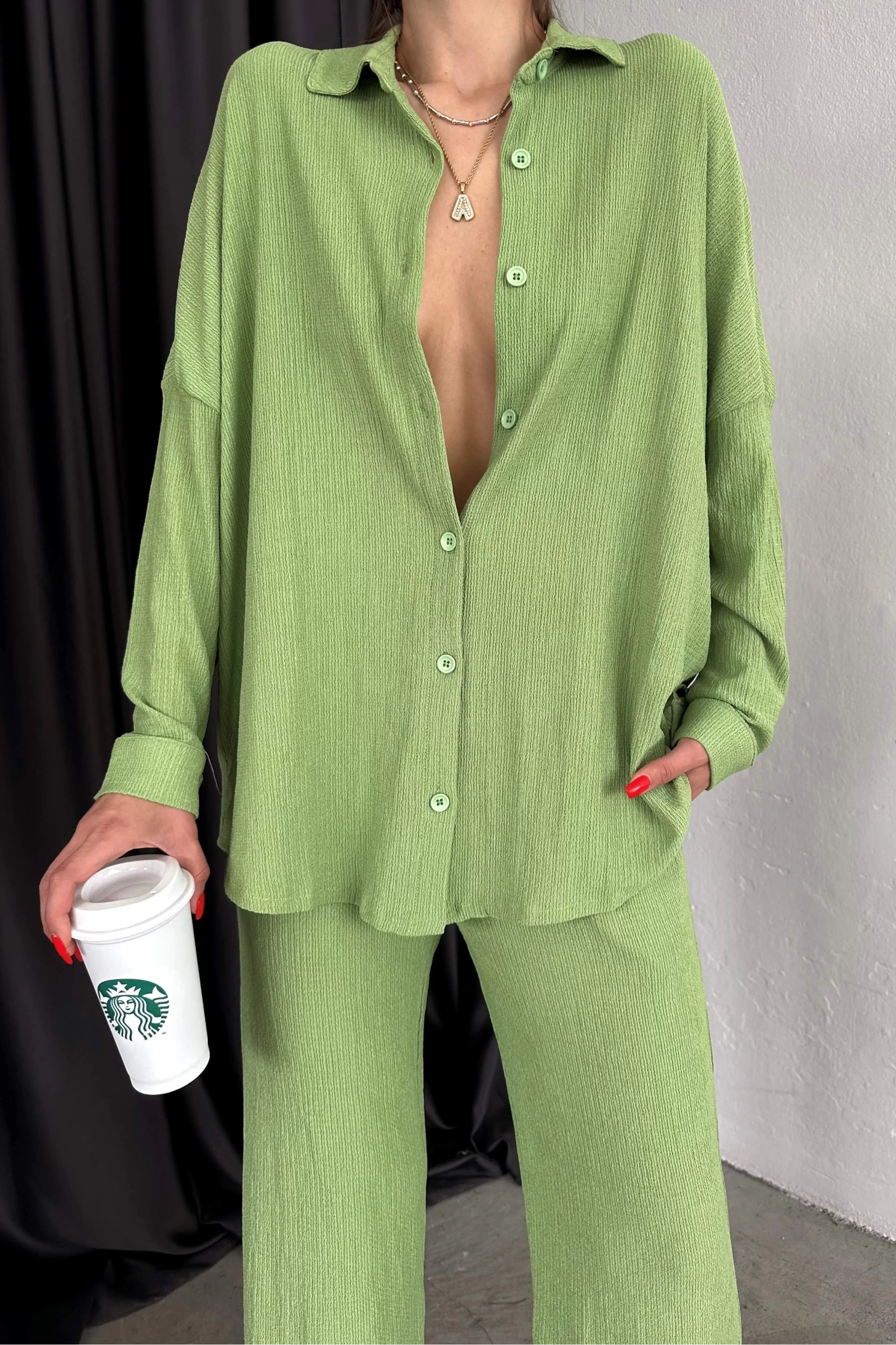 Kadın Yesil Bürümcük Oversize Takım 1009-2102