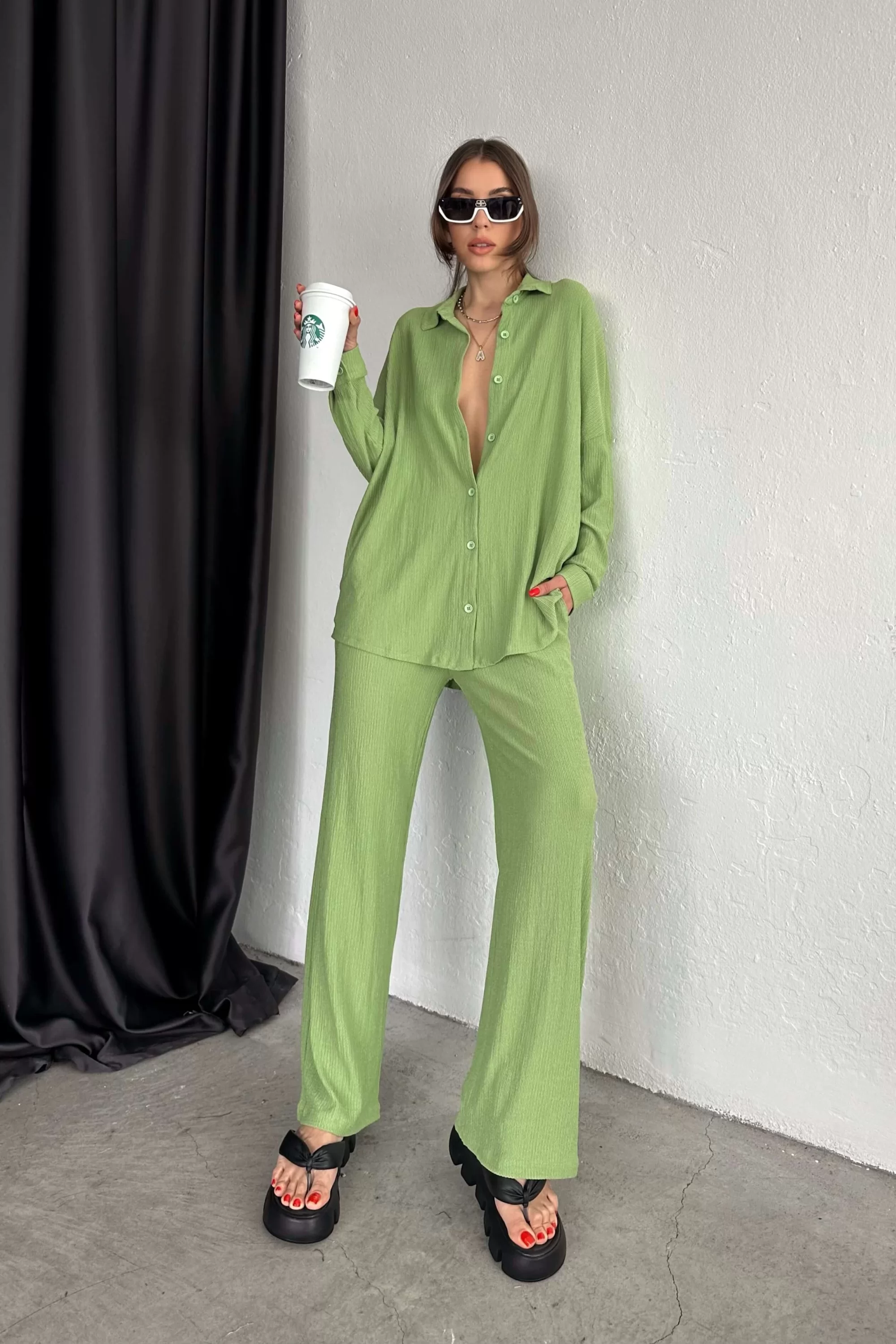 Kadın Yesil Bürümcük Oversize Takım 1009-2102