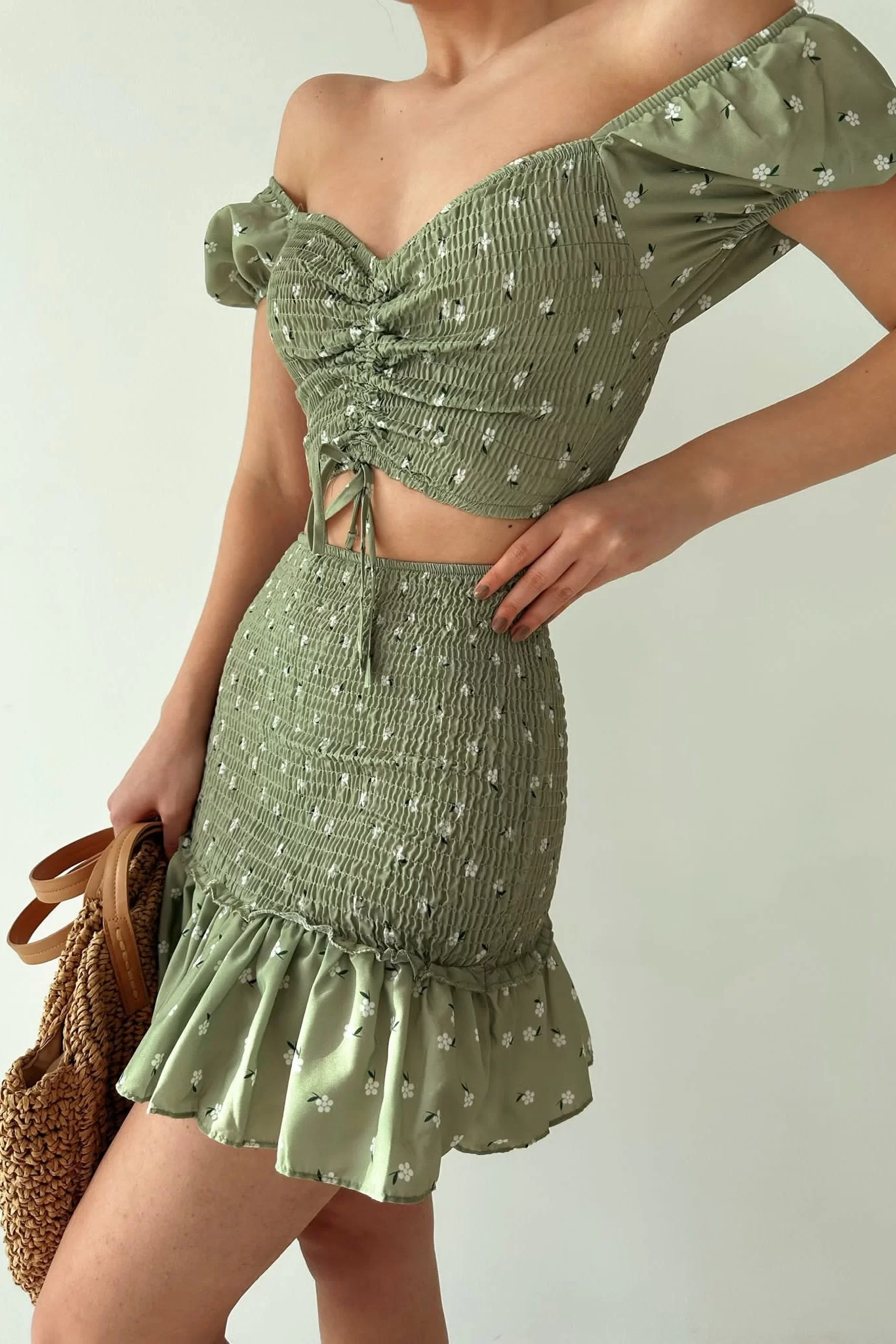 Kadın Yesil Gipeli Crop Etek Takım 0990-223084