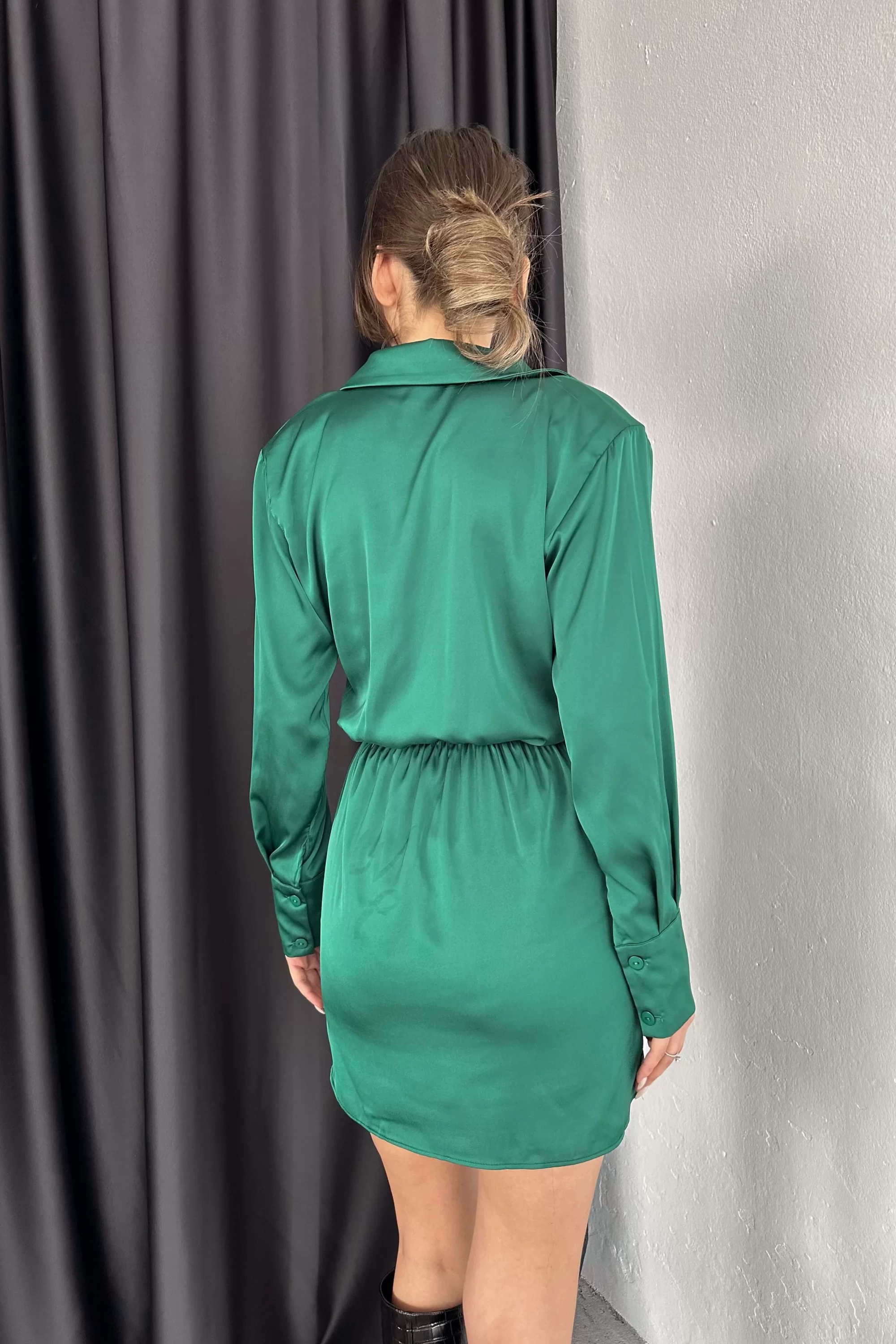 Kadın Yesil Vatkalı Büzgülü Elbise 0990-2741