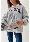 Kadın Gri Oxford Polo Yaka Oversize Sweatshirt 0700-0009