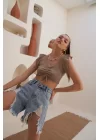Kadın Vizon Omuzları Volanlı Büzgülü Fitilli Büstiyer 0956-1321