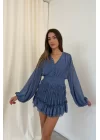 Kadın Indigo Uzun Kol Düğmeli Eteği Tül Elbise 0990-2636